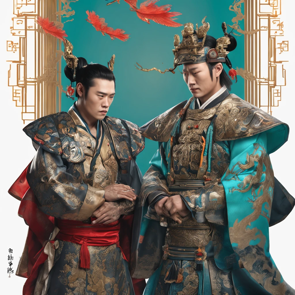 Best quality, Masterpiece, 超高分辨率, (photograph realistic:1.4), surrealism, Dream-like,fusionart, Hato, A handsome man and a , Double,Kamimei,Cyan dark ancient costume, chinese style, Immortal Palace, opulent, eagle claws,