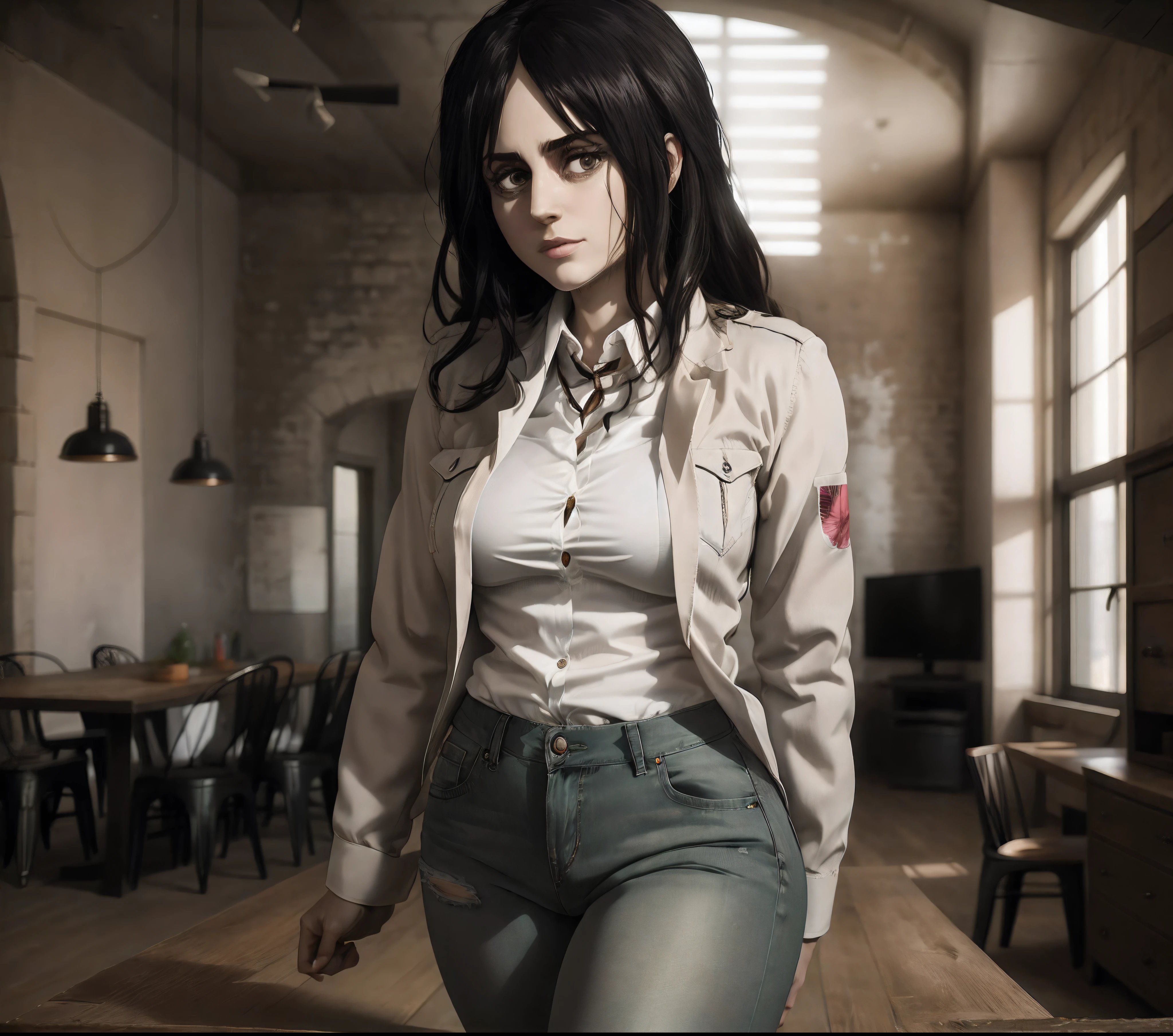 Masterpiece, Pieck from attack on Titan in shirt and jeans beautiful women beautiful , backlight, medium boobs , medium thighs, sexy women, curvy women, facing towards screen,4k