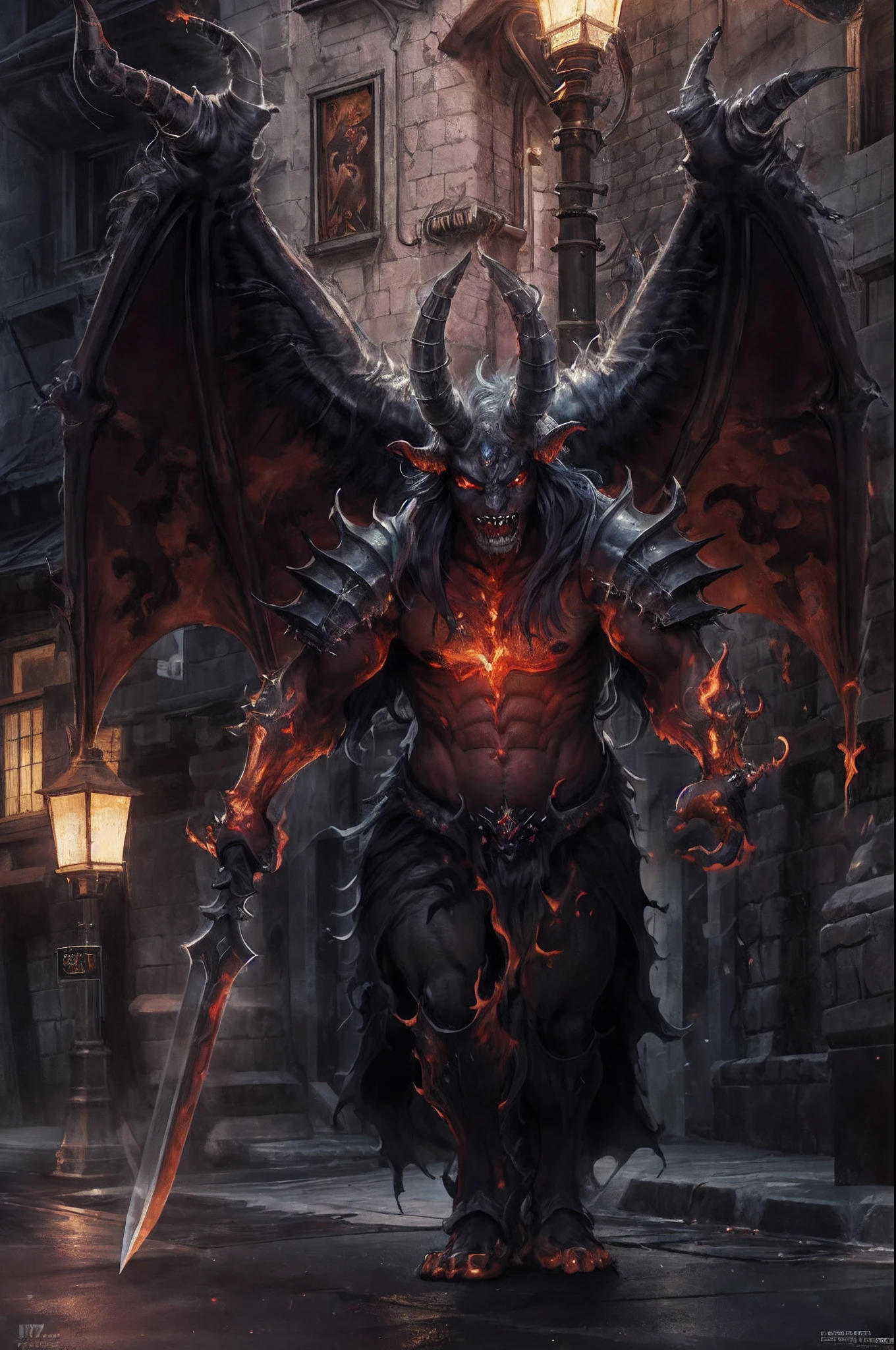 arafed, high details, best quality, 16k, [ultra detailed], masterpiece, best quality, (extremely detailed), dynamic angle, ultra wide shot, RAW, photorealistic, fantasy art, RPG art, a picture of demon in the streets, a demon (best details, Masterpiece, best quality), res skinned, black eyes, black mane, bat wings, horns, big horns, armed with a long bladed covered in flames, covered in red fire, medieval Japanese street (best details, Masterpiece, best quality) background, night time, moon light, street lamp light, Ultra-Wide Angle, high detail, award winning, best quality, HD, 16K, 3D rendering, high details, best quality, highres, ultra wide angle, 3D rendering, [[anatomically correct]]