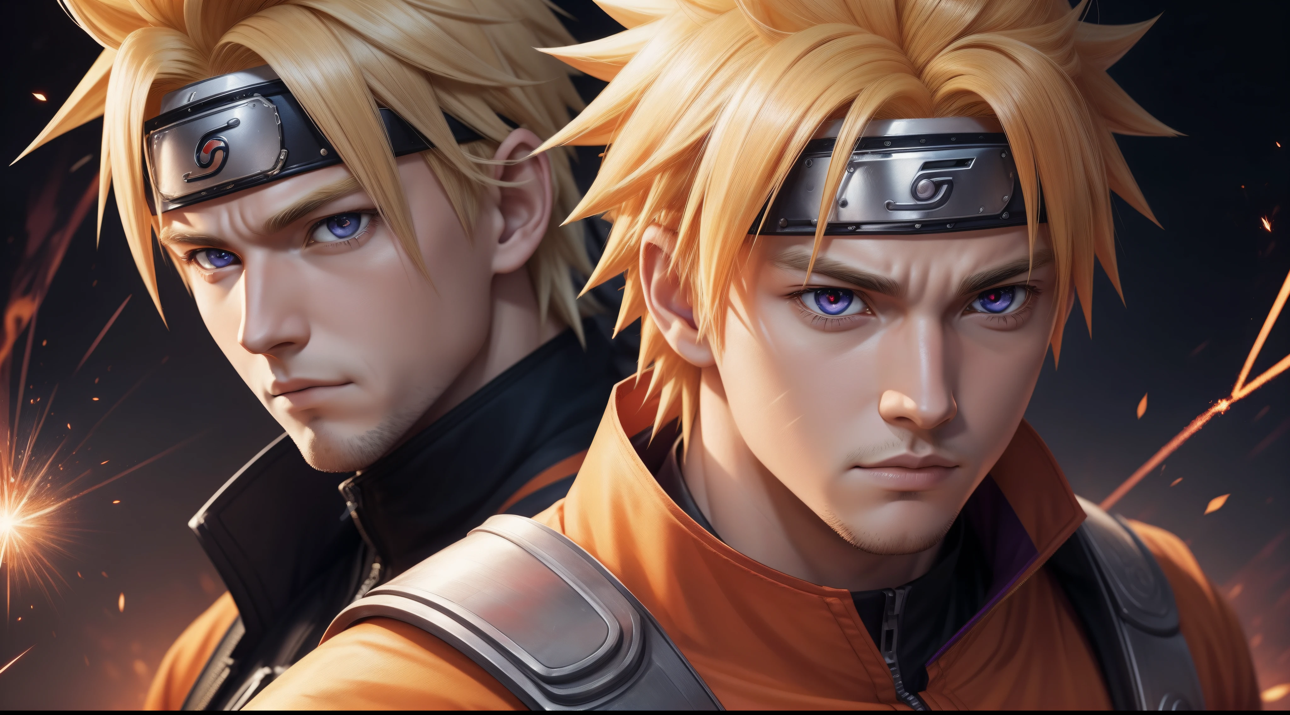 Hot profile picture, masterpiece, extremely accurate rendering, cool handsome Naruto, blond hair, looking at viewer, solo, reliable, savior of the world, simple design, beautiful image best, 8K, light red eyes, original orange clothing style according to the characters in the story, reflecting the red and purple sparks on the chest.
