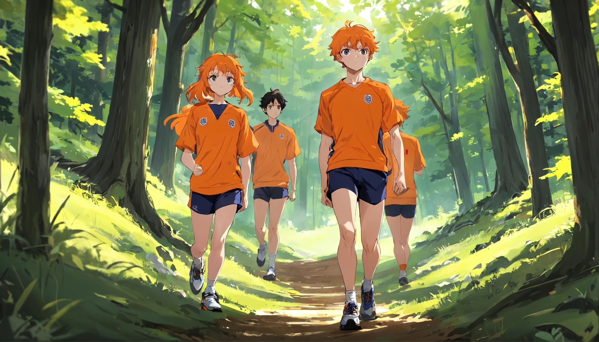 Collegiate orienteering team Orange training clothes Short shirt Quarterpants Four men and four women Two coaches Running in the forest side