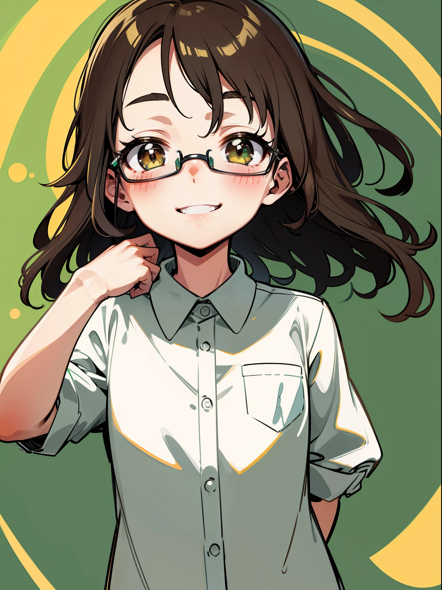 loli, abstraction, portrait, elemental, green tone, hayase Nagatoro, flat color, smile, brown hair, beautiful smile, no bust, no background