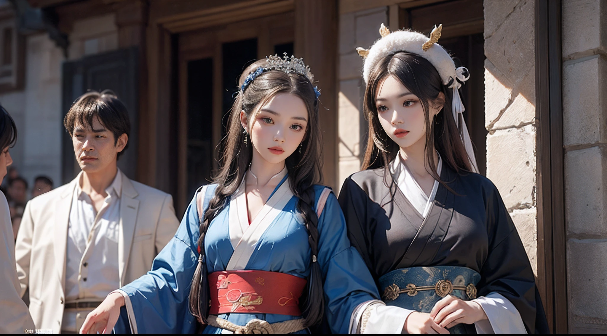 8k，tmasterpiece，Best quality super fine
Photo realism，Ancient Style Girl，Ball head，Hanfu，Bust photo，photographrealistic，Gorgeously dressed，Antique architecture，long whitr hair