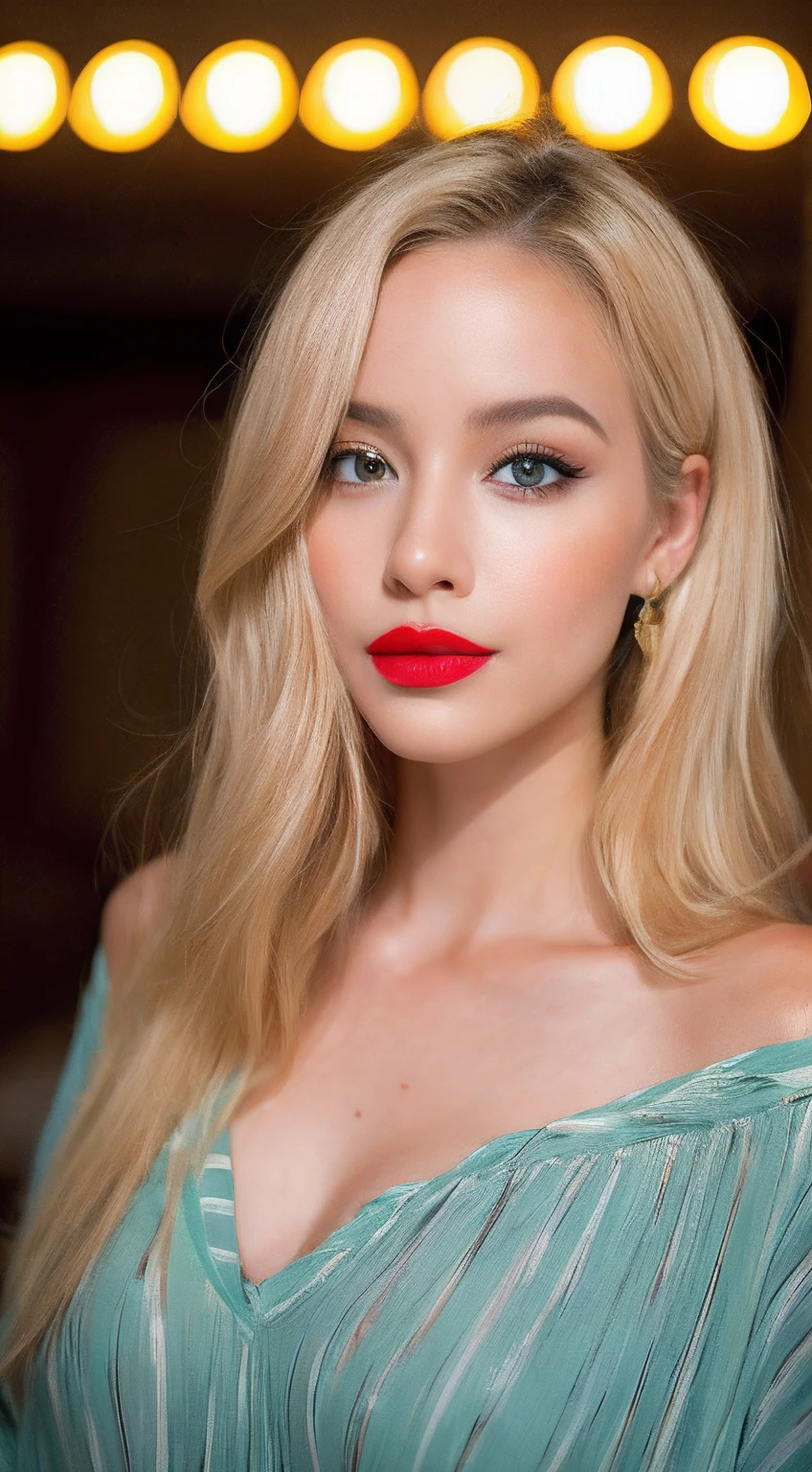 Uma mulher jovem e bonita, blonde hair that falls gently in waves up to the shoulders, altura mediana, olhos grandes e verdes, pele clara, she's in her pyjamas, ela esta em sua cama, fazendo cuidados com a pela antes de dormir, The environment is illuminated with lights of warm and pleasant colors making your hair shine, seu semblante esta naturalmente sereno, lips with red lipstick, Textura 8K, altamente detalhados, realista, soft Cinematic Light, HDR, sharp fokus, obra-prima, fotorrealista, fotografia premiada, Canon EOS R5, 35 mm