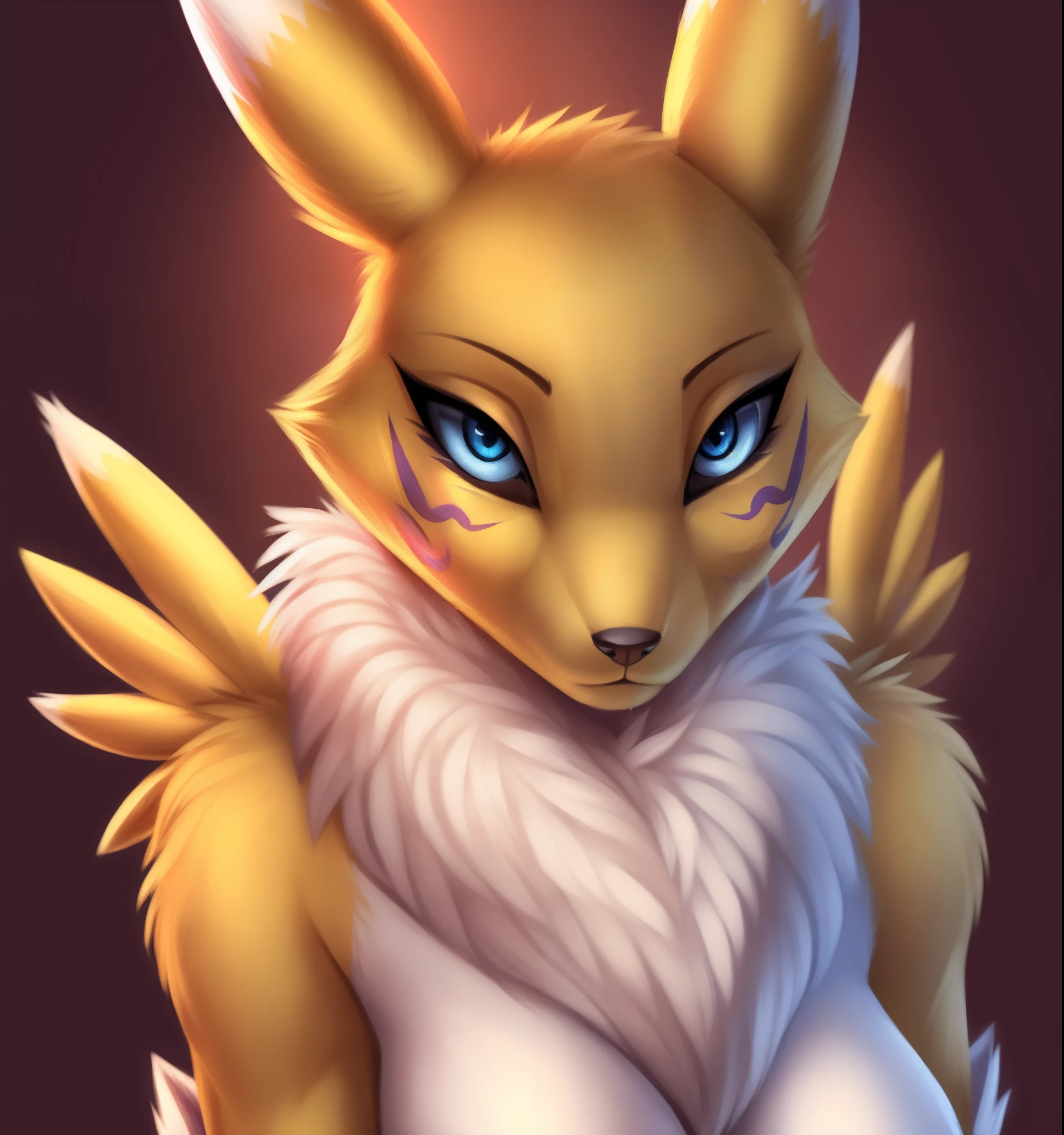 renamon, furry female, anthro, fox girl, portrait,  solo, (body fur:1.2), (best quality), bedroom background, dark romantic lighting, (detailed fluffy fur:1.1), looking at viewer, blue eyes,