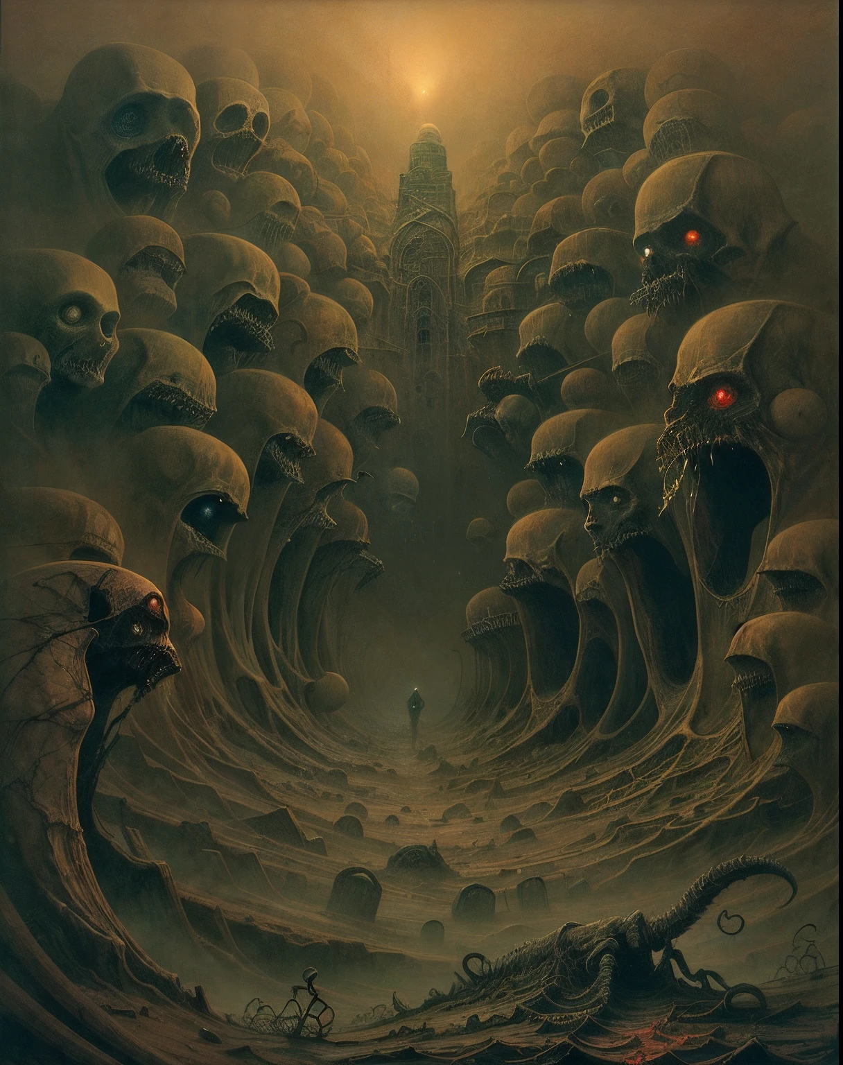 A detailed horror landscape, (full of demons:1.2), (thin demons), a thousand demons, monsters, demons, many demons, (ruins:0.2), (crawling) , dark environment, fog, beksinky, by Zdzislaw Beksinski, masterpiece, best quality