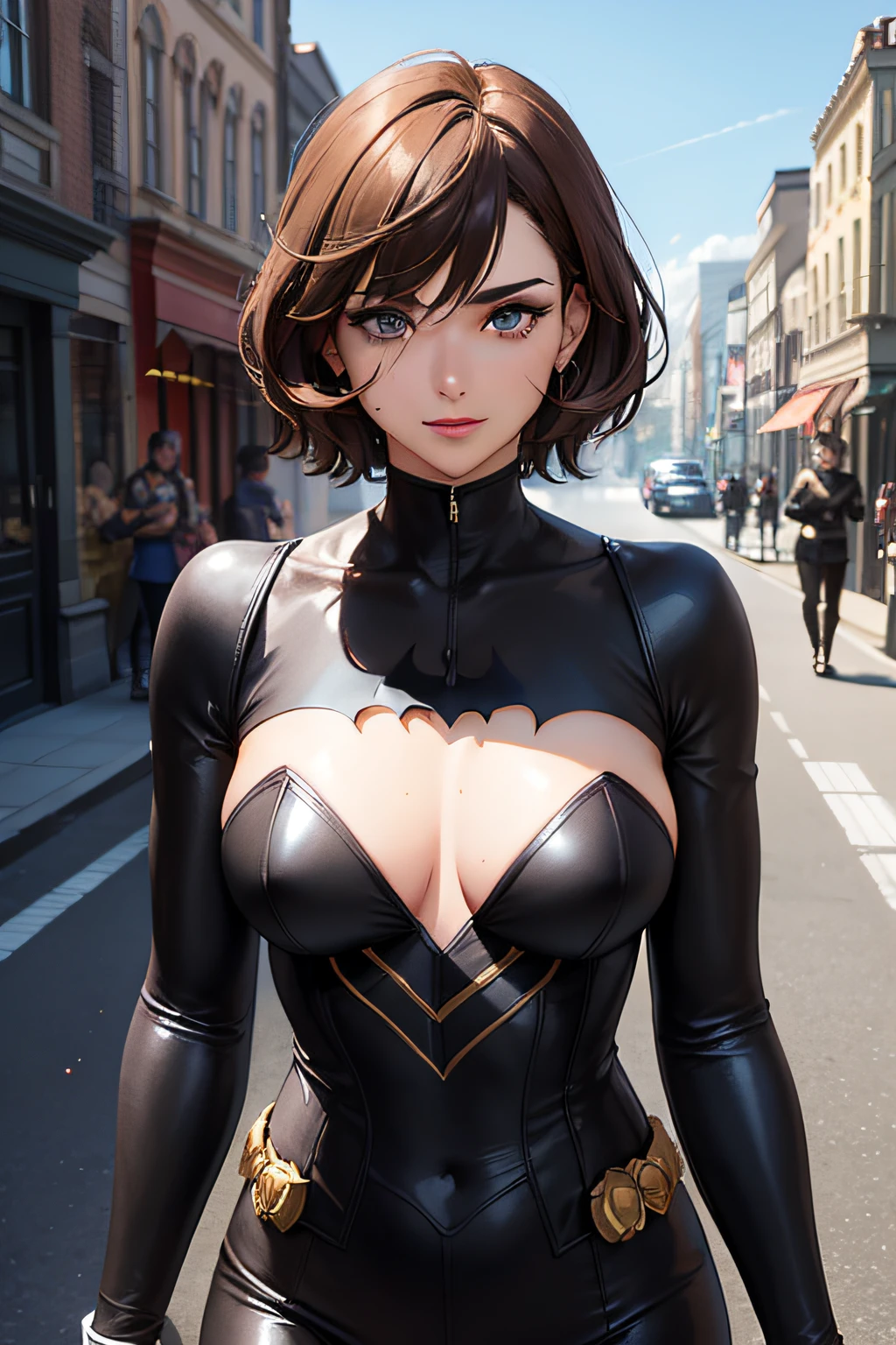 1 male, Handsome man, brown hair, Short hair, Hair between the eyes, Street style,, glittering, violet eyes, looking a viewer, upper-body, Men's magazine cover. full length, In a Batman costume without a helmet, ,Masterpiece, the best qualities, Excellent facial detail, closed breasts,High costume detail, Background City, Expensive cars