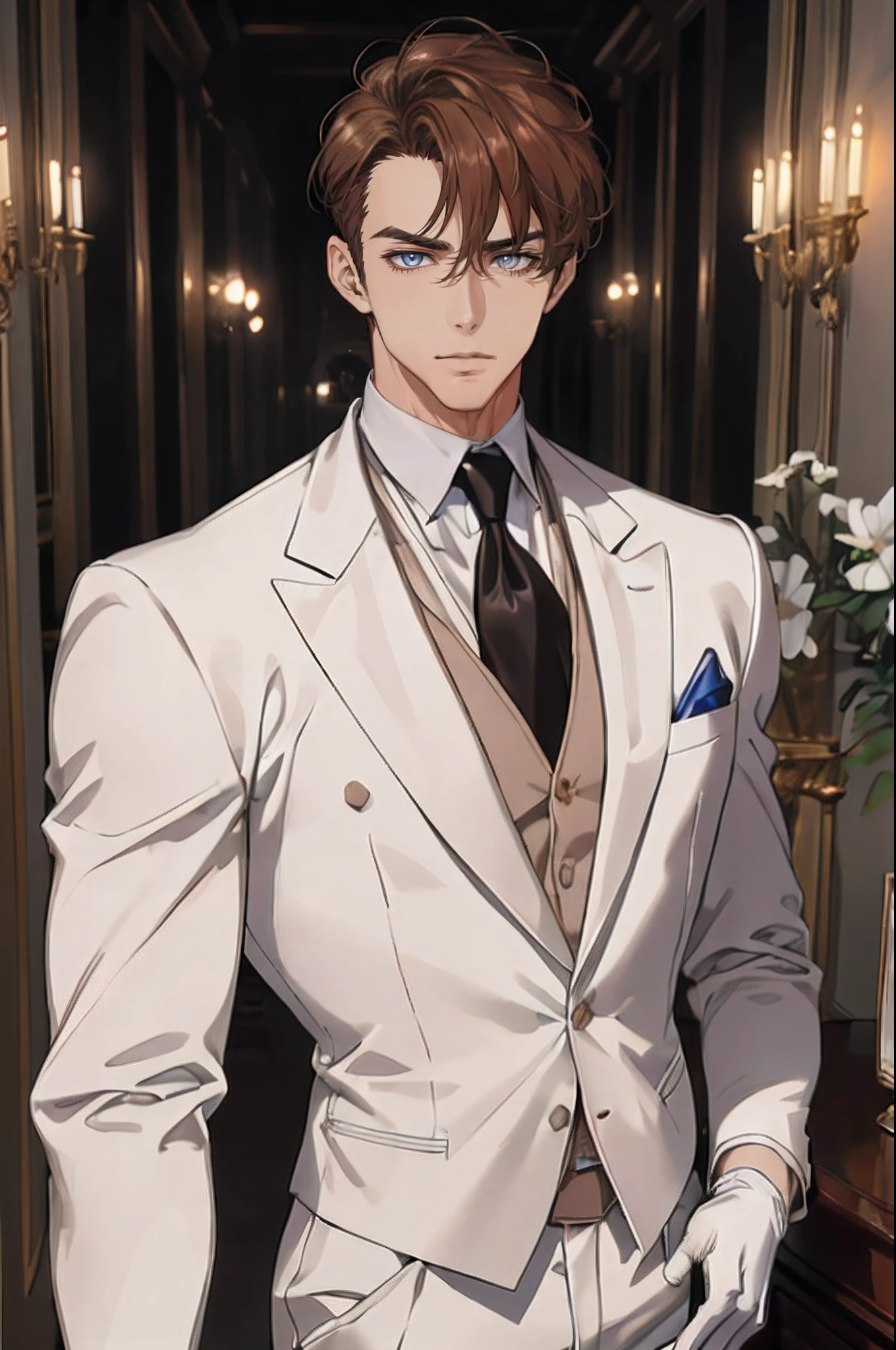 ((masterpiece:1.2, best quality)), 4k, 1man, adult, mature, handsome, very short hair, forehead, white suit, portrait, extremely detailed face, defined body, light brown eyes, brown hair (muscle:1.4, broad shoulders:1.4, disciplined body)