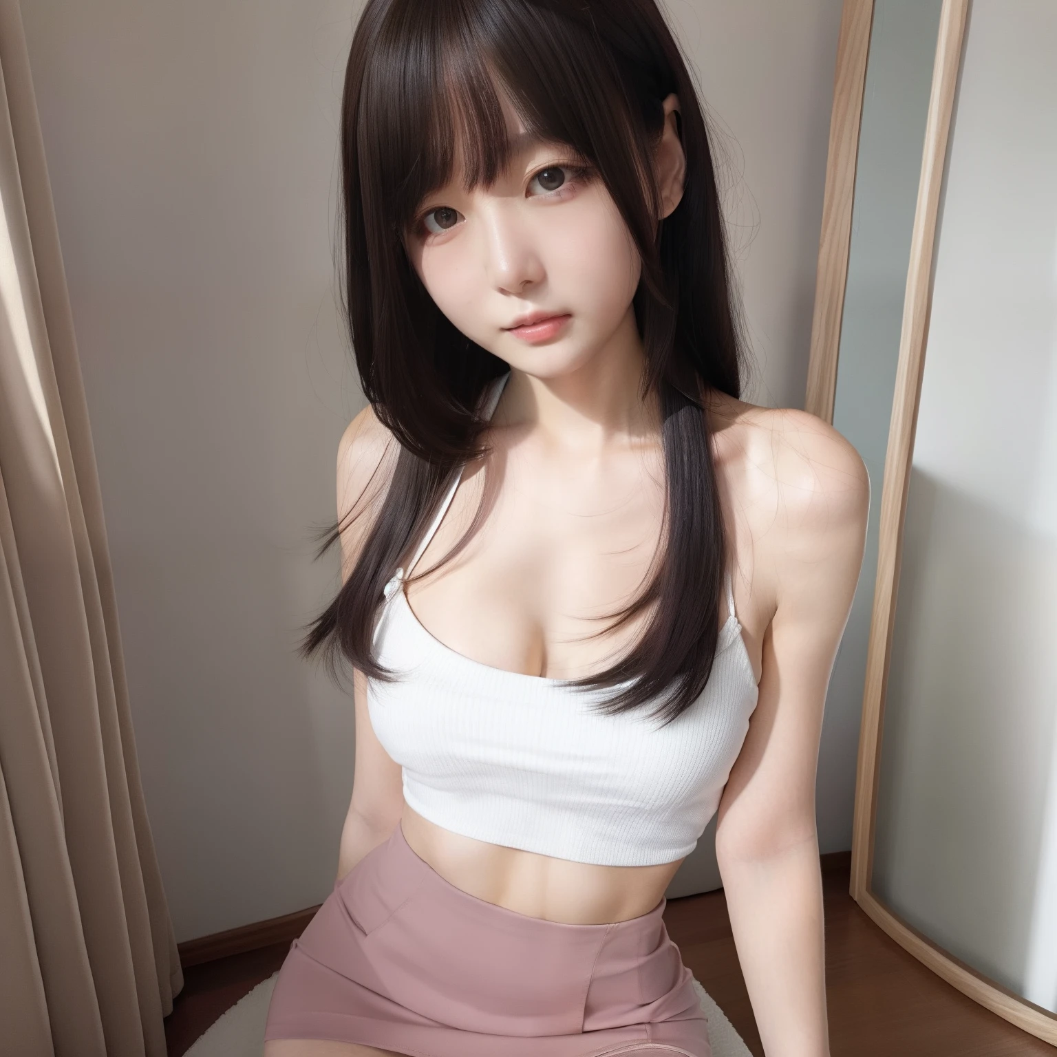 Beautiful Portrait of Hana, no filters, all natural looking human skin, spaghetti strap top, high waist short skirt