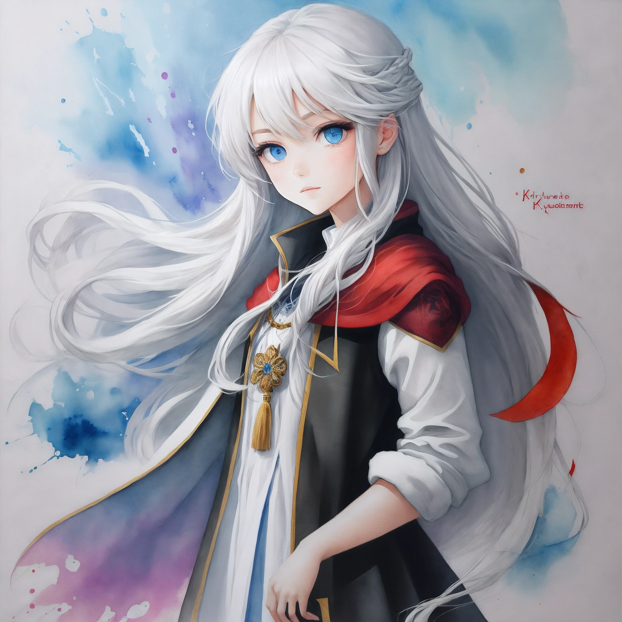 Long hair white,eBlue eyes,Kizi,quadratic element,aquarelle