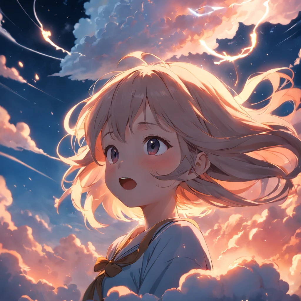 masterpiece, best quality, movie still, 1girl, cloud girl, floating in the sky, close-up, bright, happy, warm soft lighting, sunset, (sparks:0.7)
