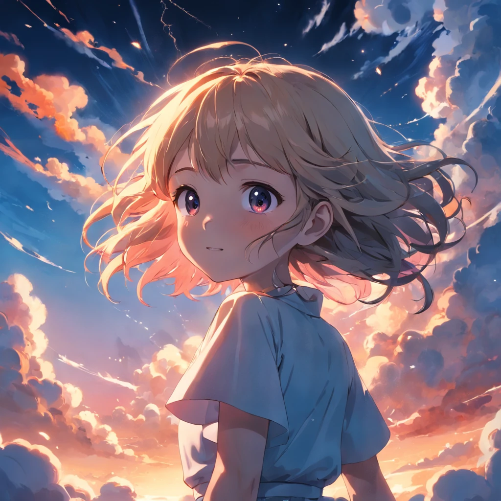 masterpiece, best quality, movie still, 1girl, cloud girl, floating in the sky, close-up, bright, happy, warm soft lighting, sunset, (sparks:0.7)