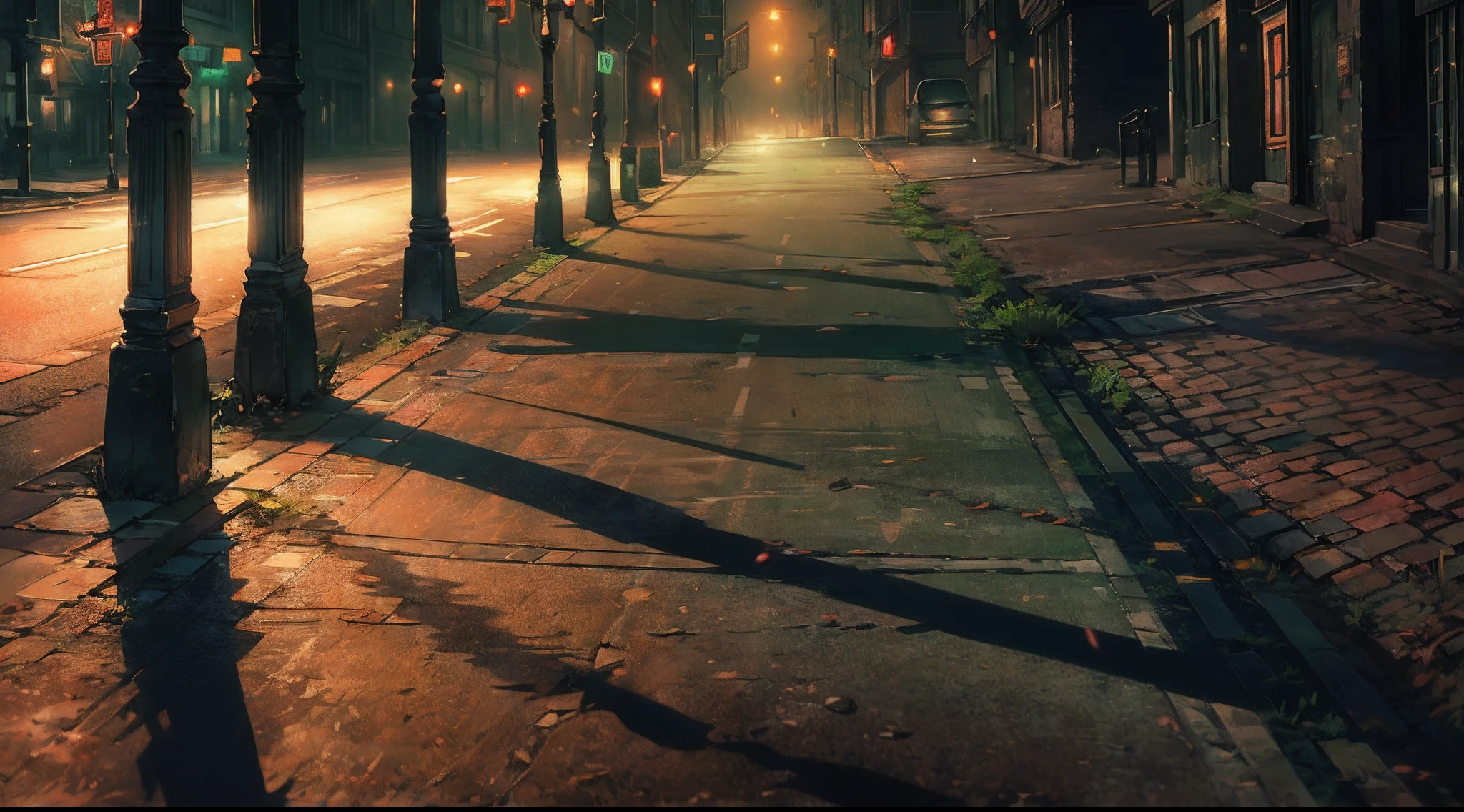 The streetlights flicker ominously, casting long, distorted shadows along the empty road. Image: A dimly lit street with flickering streetlights, the elongated shadows creating an eerie atmosphere.