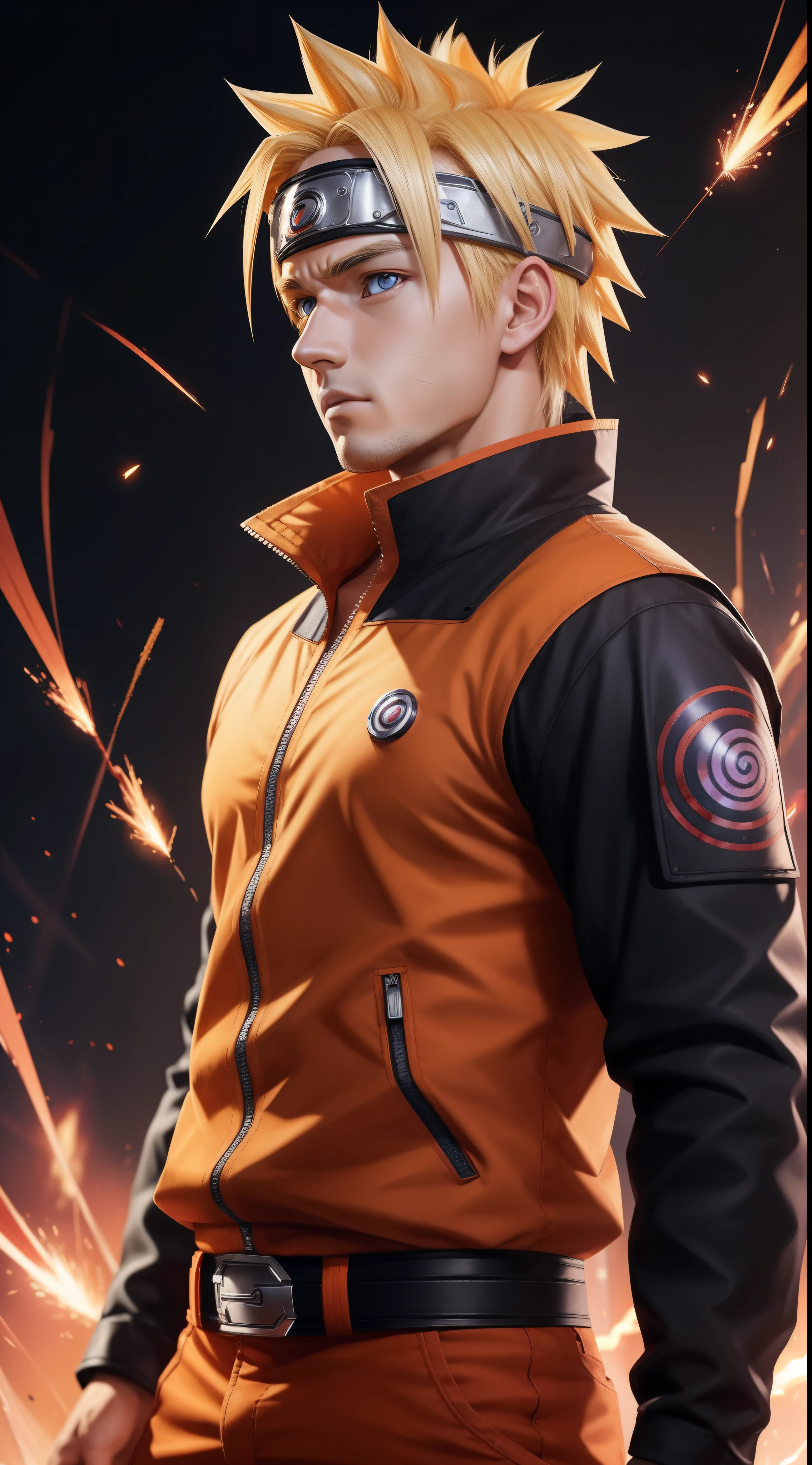 Hot profile picture, masterpiece, extremely accurate rendering, cool handsome Naruto, blond hair, looking at viewer, solo, reliable, savior of the world, simple design, beautiful image best, 8K, light red eyes, original orange clothing style according to the characters in the story, reflecting the red and purple sparks on the chest.