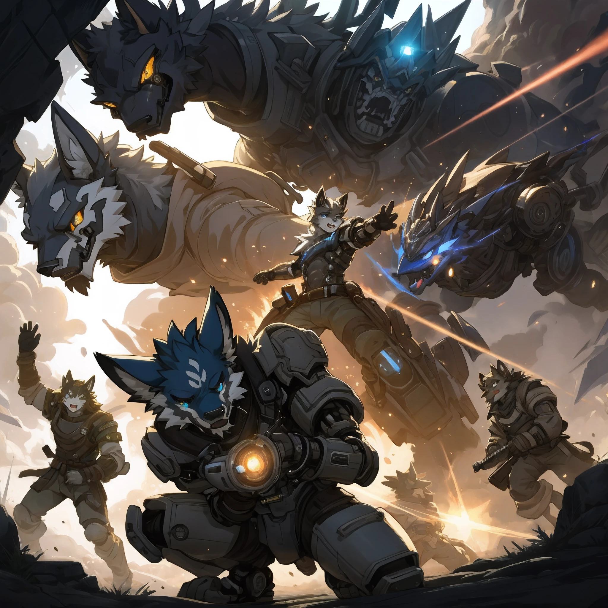highres, top quality, best quality, paid reward available, High-quality illustrations, unparalleled masterpiece(battle movie of machine)Cyberpunk, steam punk, Cybernetic guardian, 6+boys, 6+girls(furry anthro:1.7)absurdres(highly detailed beautiful face and eyes)perfect ???????, expression, caustics, dynamic lighting, light rays, light particles, lens flare, deep shadow, assorted poses, dynamic angle,