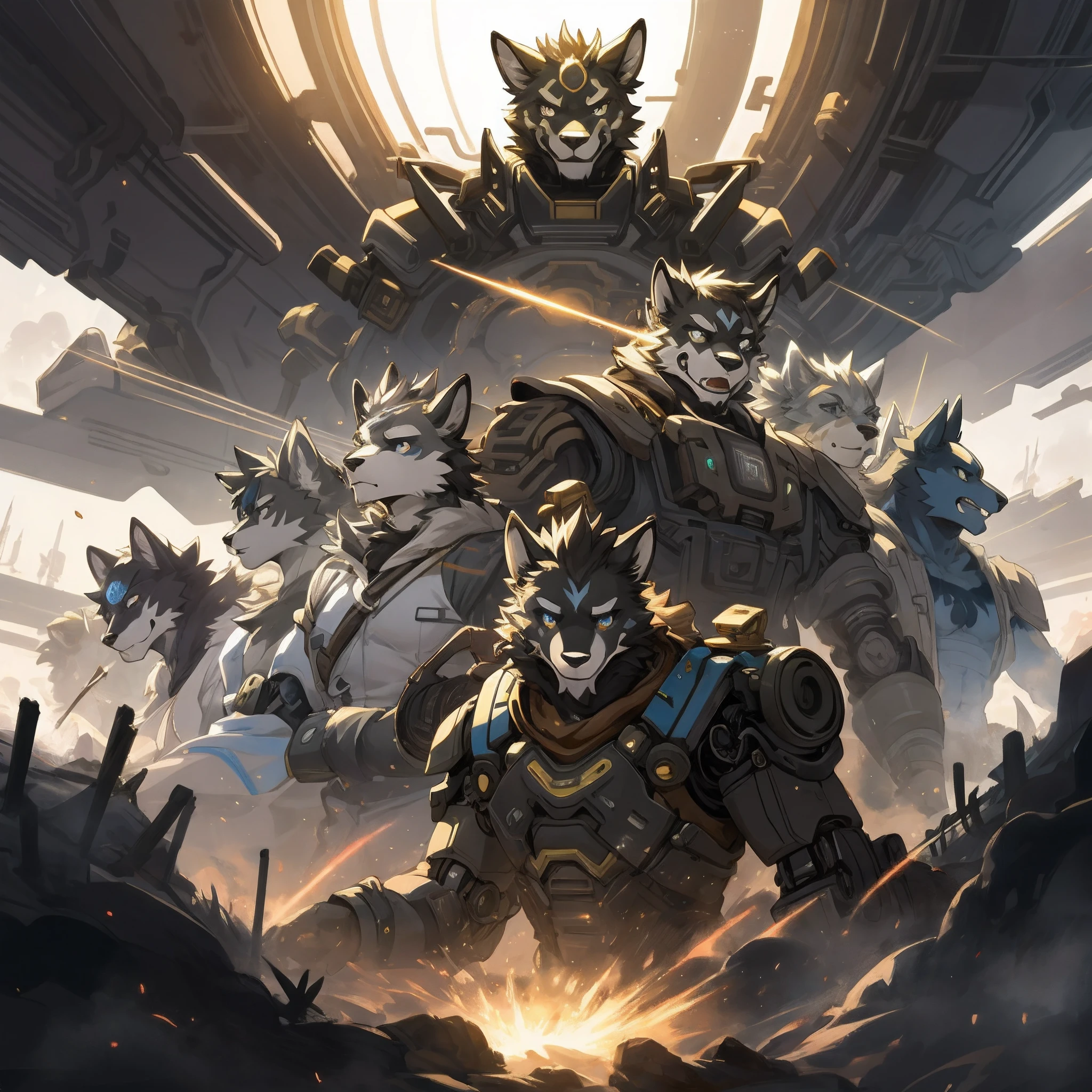 highres, top quality, best quality, paid reward available, High-quality illustrations, unparalleled masterpiece(battle movie of machine)Cyberpunk, steam punk, Cybernetic guardian, 6+boys, 6+girls(furry anthro:1.7)absurdres(highly detailed beautiful face and eyes)perfect anatomy, expression, caustics, dynamic lighting, light rays, light particles, lens flare, deep shadow, assorted poses, dynamic angle,