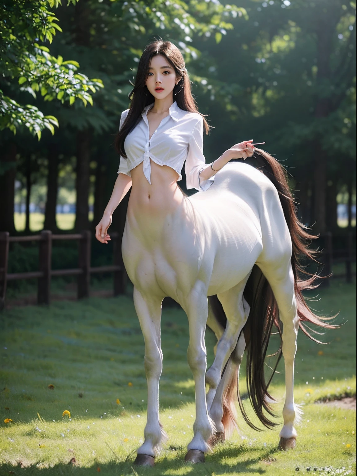 offcial art，统一 8k 壁纸，ultra - detailed，Beauty and aesthetics，tmasterpiece，best qualtiy，1girll，The is very detailed，dynamic angle，femele，White centaurs，(The shirt)，(Platinum Horse)，grey long hair，Exposing the abdomen，mature，standing on your feet，((small boobs，Very thin))，nabel，Hair rings，long whitr hair，full bodyesbian，grassy fields