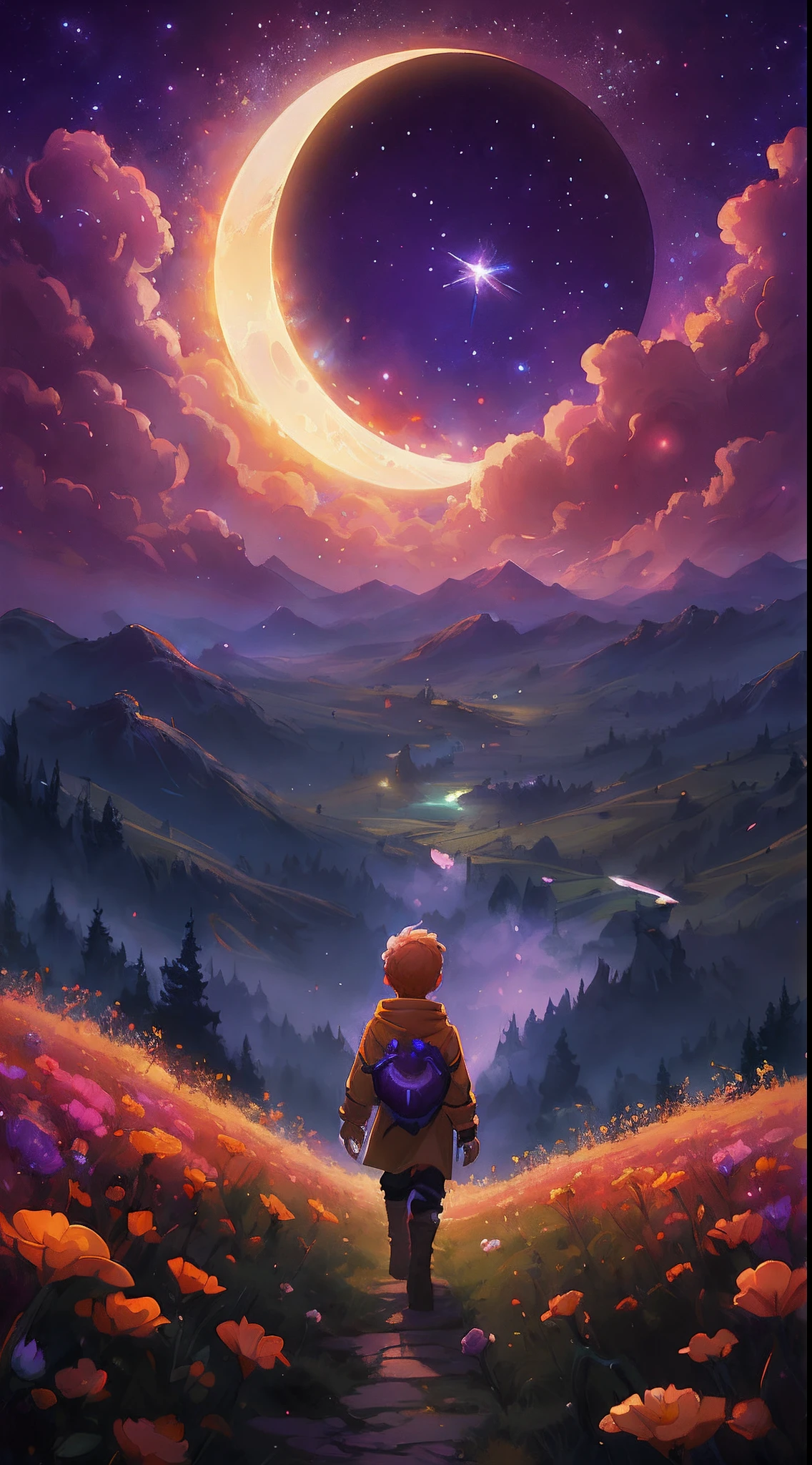 painting the little prince character with a scarf on, walking down a path towards a field of flowers, background artwork, calm night. digital illustration, 8k stunning artwork, epic fantasy digital art style, 4k highly detailed digital art, beeple and jeremiah ketner, epic dreamlike fantasy landscape, anime art wallpaper 8 k, dreamlike digital painting, inspired by Cyril Rolando, epic rpg artwork