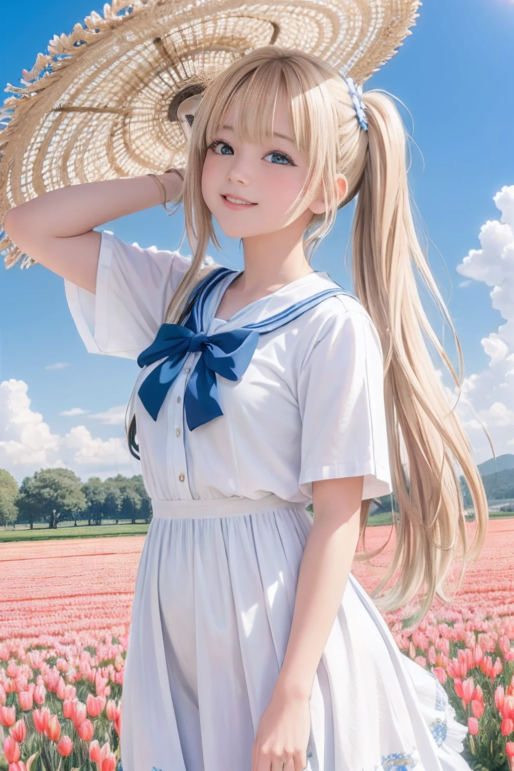 (8k, RAW photo, realistic, photo-realistic:1.5), masterpiece, best quality, high resolution, extremely detailed, detailed background, cinematic lighting, dynamic angle, lens flare, dramatic, 1girl, cute girl, solo, wind, pale-blonde hair, blue eyes, very long twintails, white hat, blue sky, laugh, flying petal, flowery field, sky, tulip, sun, field, fractal art,