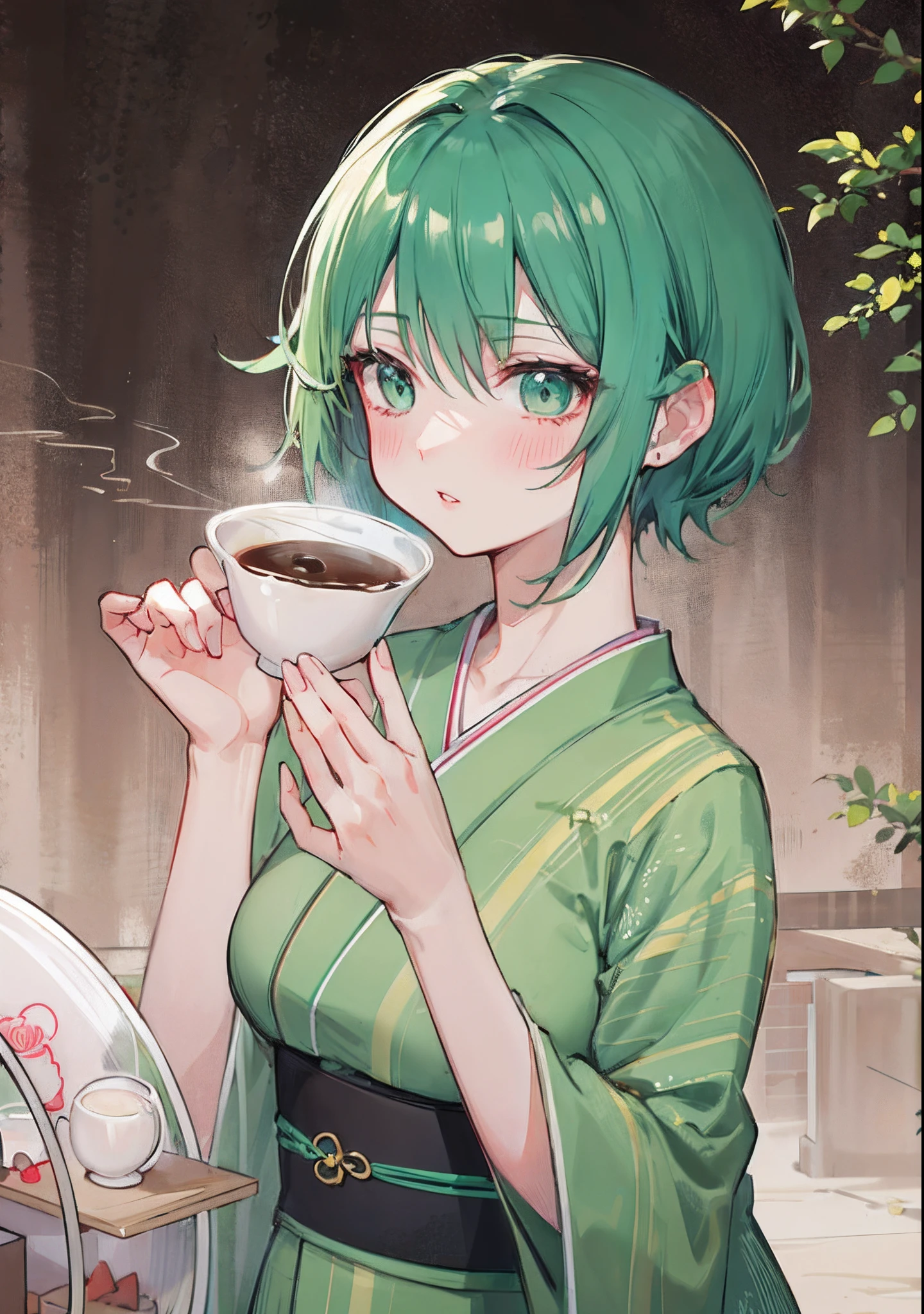 green hair color, high quality,  cinematic lighting, anime girl, short hair, bangs, parted lips, blush, outdoor, park, coffee, medium breast, kimono outfit