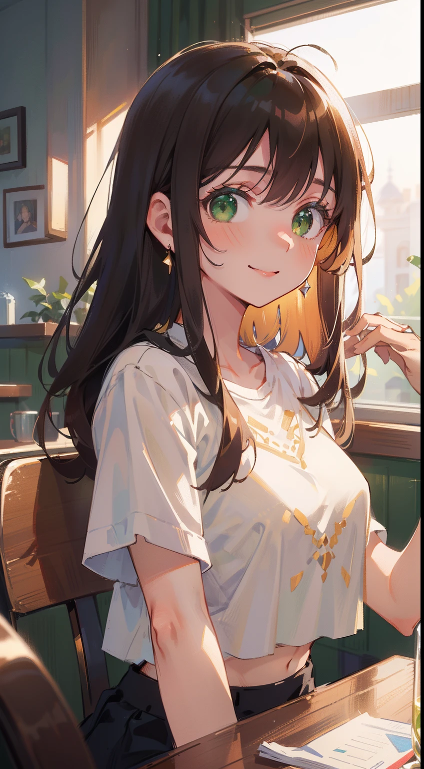 (masterpiece), (best quality), ultra high res, soft focus, ((1 mature woman, solo)), very stunning and gorgeous mature woman, upper body, beautiful detailed hair, chestnut brown hair, messy long hair, beautiful detailed face, perfect feminine face, ((beautiful shape eyes, green eyes)), look at the viewer, comfortable face, smiles, in colorful croptop, at the diner in evening