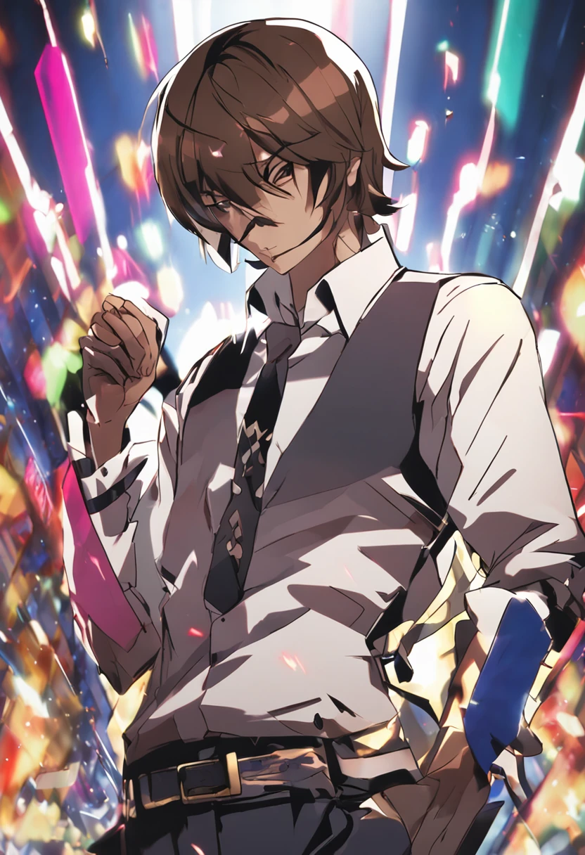 Kotomine Kirei eating Pocky in a burning city