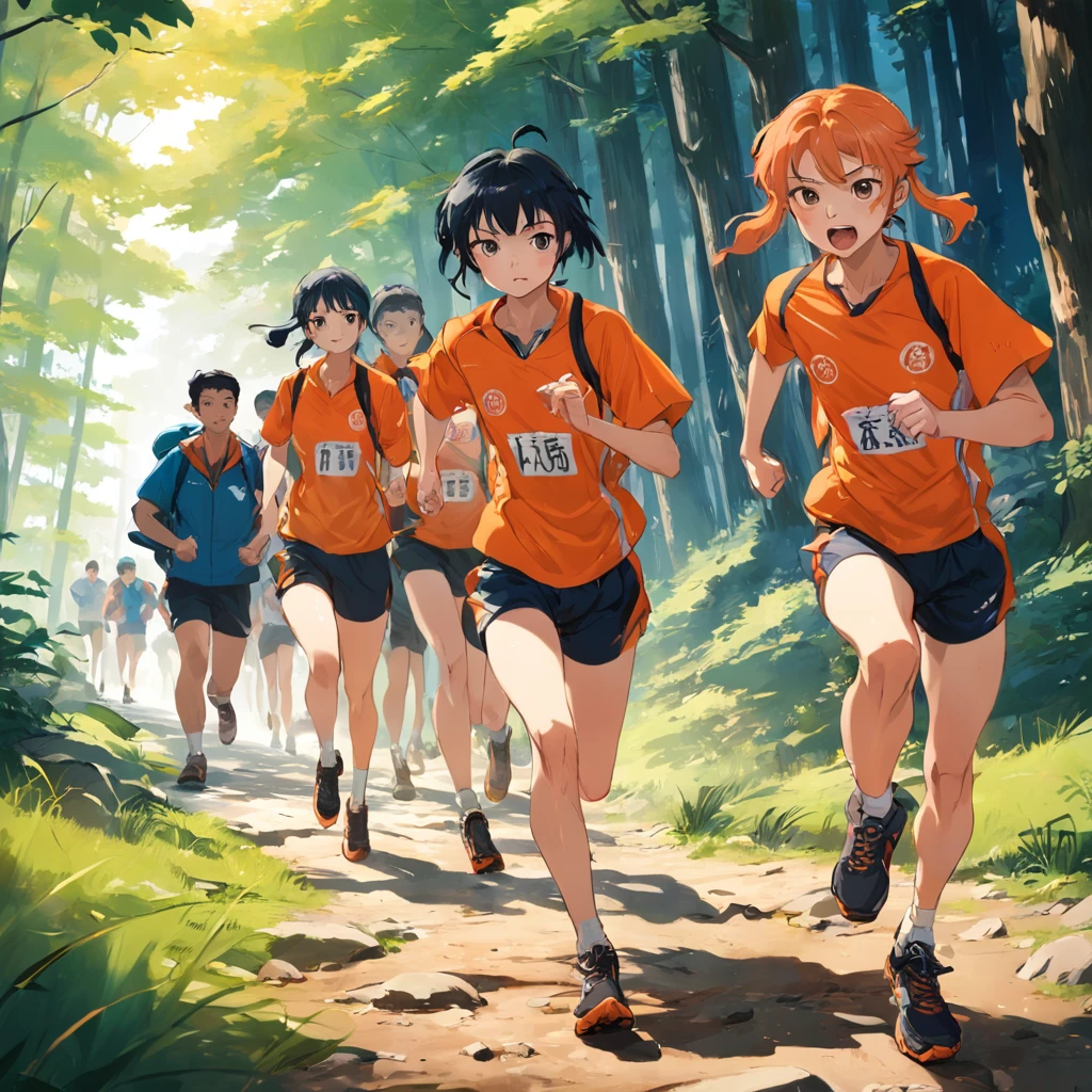 Fujifilm in the primetime film of the Velvia 50，A group of Chinese college student orienteering athletes wearing orange branded clothing and sportswear, Eager to embark on a challenging orienteering. The wide angle includes the entire group, Show their determination and camaraderie. The runner's muscles tense in anticipation, Their expressions were full of excitement and concentration. Each person's unique personality shines through, Highlight diversity within the Group. rich man, The warm colors of the primetime lights add a touch of magic to the scene, Cast a long shadow on the ground，creating a sense of movement，As if time itself is in motion.