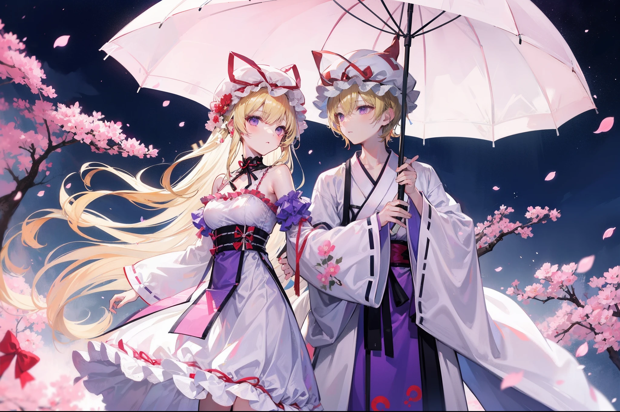 Yakumo Yukari,Holding a pink umbrella,blondehair,Long hair (1.3),Cherry Blossom Dance
