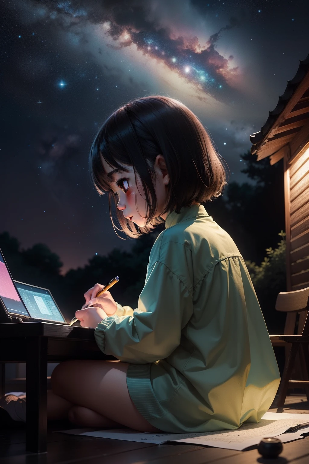 A little Chinese girl draws under the stars，Ghibli-like colours，backlighting，comic strip，Flat coating，a gorgeous，sense of science and technology，abundance