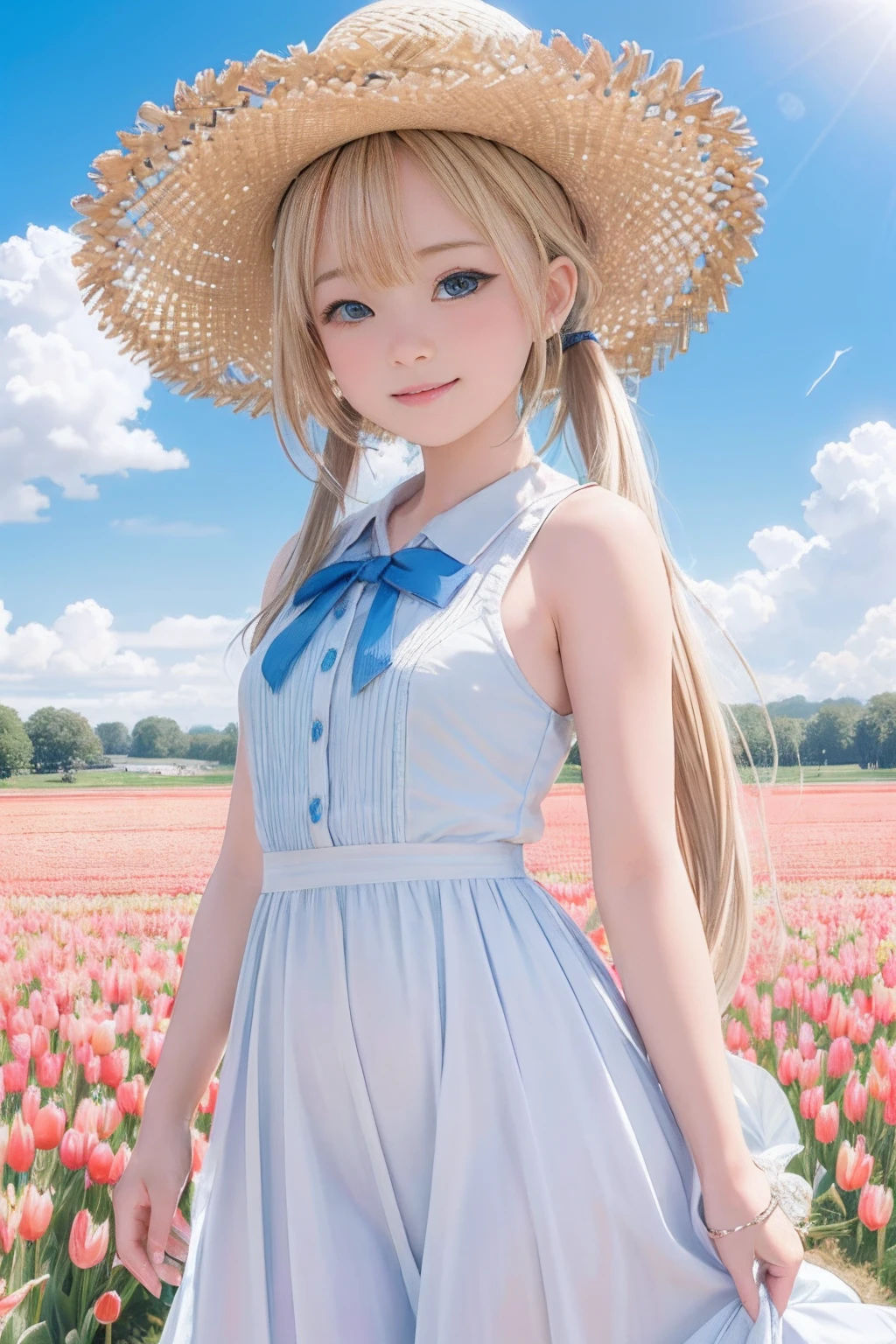 (8k, RAW photo, realistic, photo-realistic:1.5), masterpiece, best quality, high resolution, extremely detailed, detailed background, cinematic lighting, dynamic angle, lens flare, dramatic, 1girl, cute girl, solo, wind, pale-blonde hair, blue eyes, very long twintails, white hat, blue sky, laugh, flying petal, flowery field, sky, tulip, sun, field, fractal art,