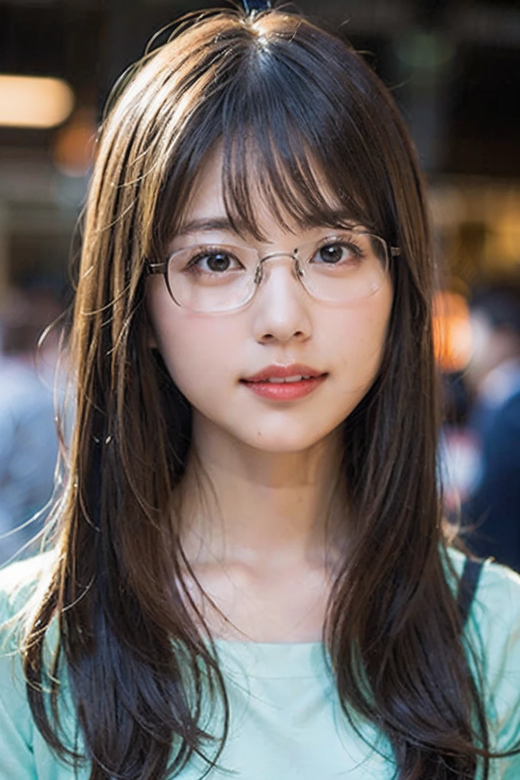 (8K、Raw photography、top-quality、​masterpiece:1.2)、(realisitic、Photorealsitic:1.37)、ultra-detailliert、超A high resolution、女の子1人、see the beholder、beautifull detailed face、A smile、Constriction、(Slim waist) :1.3)、Autumn clothes in green color、Beautiful detailed skin、Skin Texture、Floating hair、((Long hair that goes down to the waist))、Professional Lighting、In front of the station at noon、((Square glasses with black rimmed ))、Whole human body、Brown hair