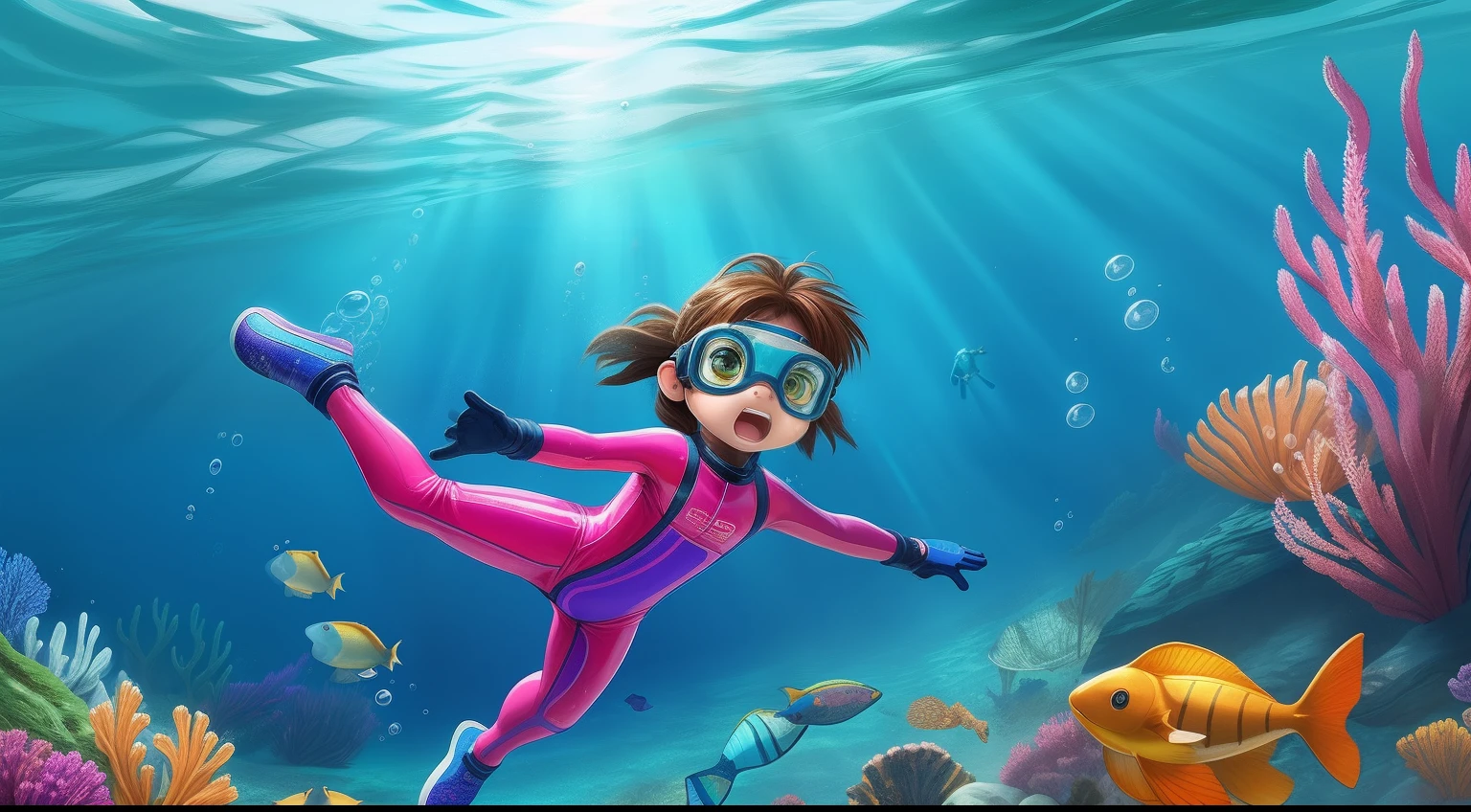 Impressive art style, highly realistic expression, ultra-fine detail, vibrant colors, unique perspective angle, realistic underwater scenes, smooth water light effect, authentic back, energetic action, on-site character details, cute 5--old l, back flipping in the deep sea, brown hair, protective goggles, pink diving suit, diving gloves, diving shoes.