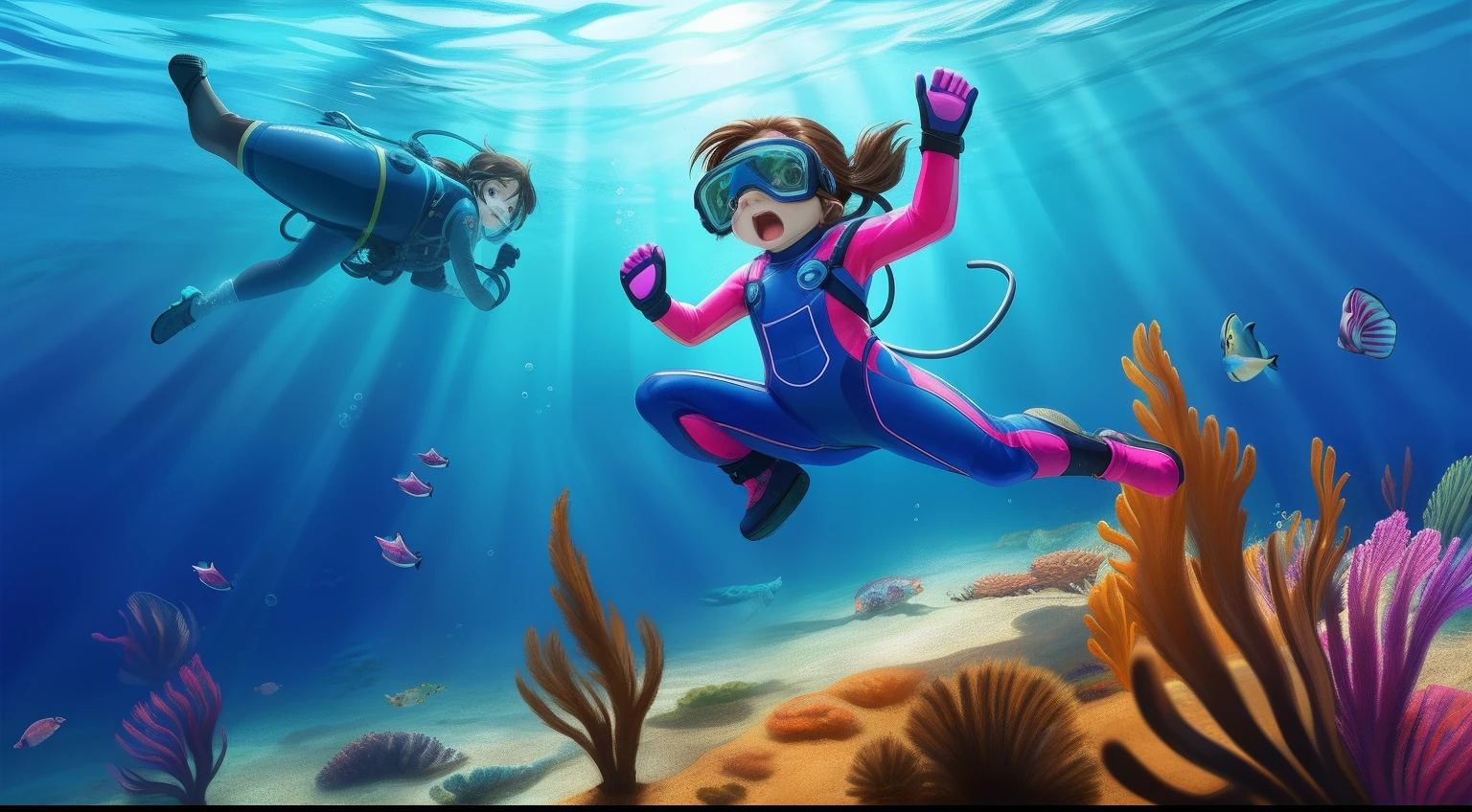 Impressive art style, highly realistic expression, ultra-fine detail, vibrant colors, unique perspective angle, realistic underwater scenes, smooth water light effect, authentic back, energetic action, on-site character details, cute 5-year-old little girl, back flipping in the deep sea, brown hair, protective goggles, pink diving suit, diving gloves, diving shoes.