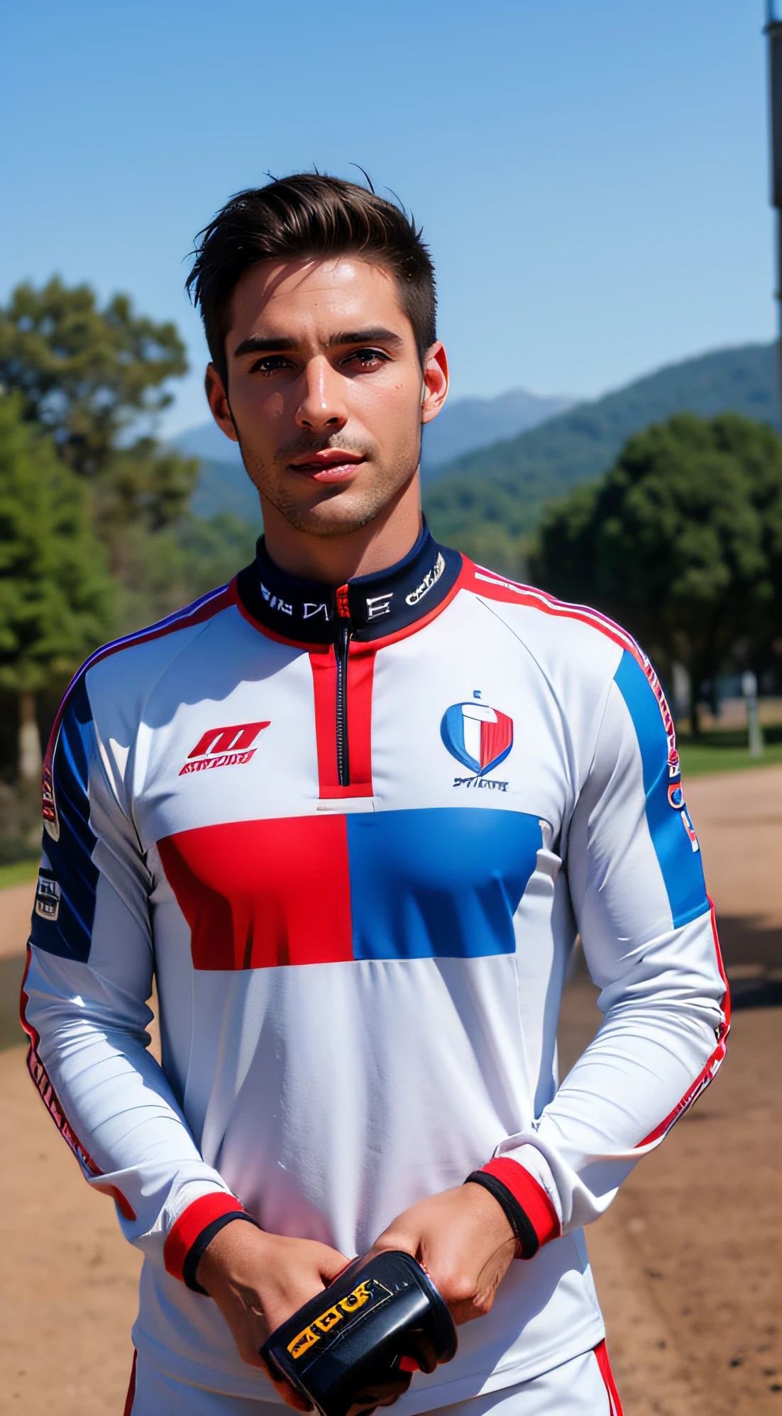 (un hombre, LOÏC BRUNI, 35 years old., French mountain biking competitor, Posa de frente y relajado, alegre, sonriente. Traje ultra detallado, texturas, desgaste. Ojos simetricos, detallados, Piel ultra detallada realista, natural  lighting, luz natural, el traje es de Fox racing. El fondo es una pista de BMX, desenfocado el fondo