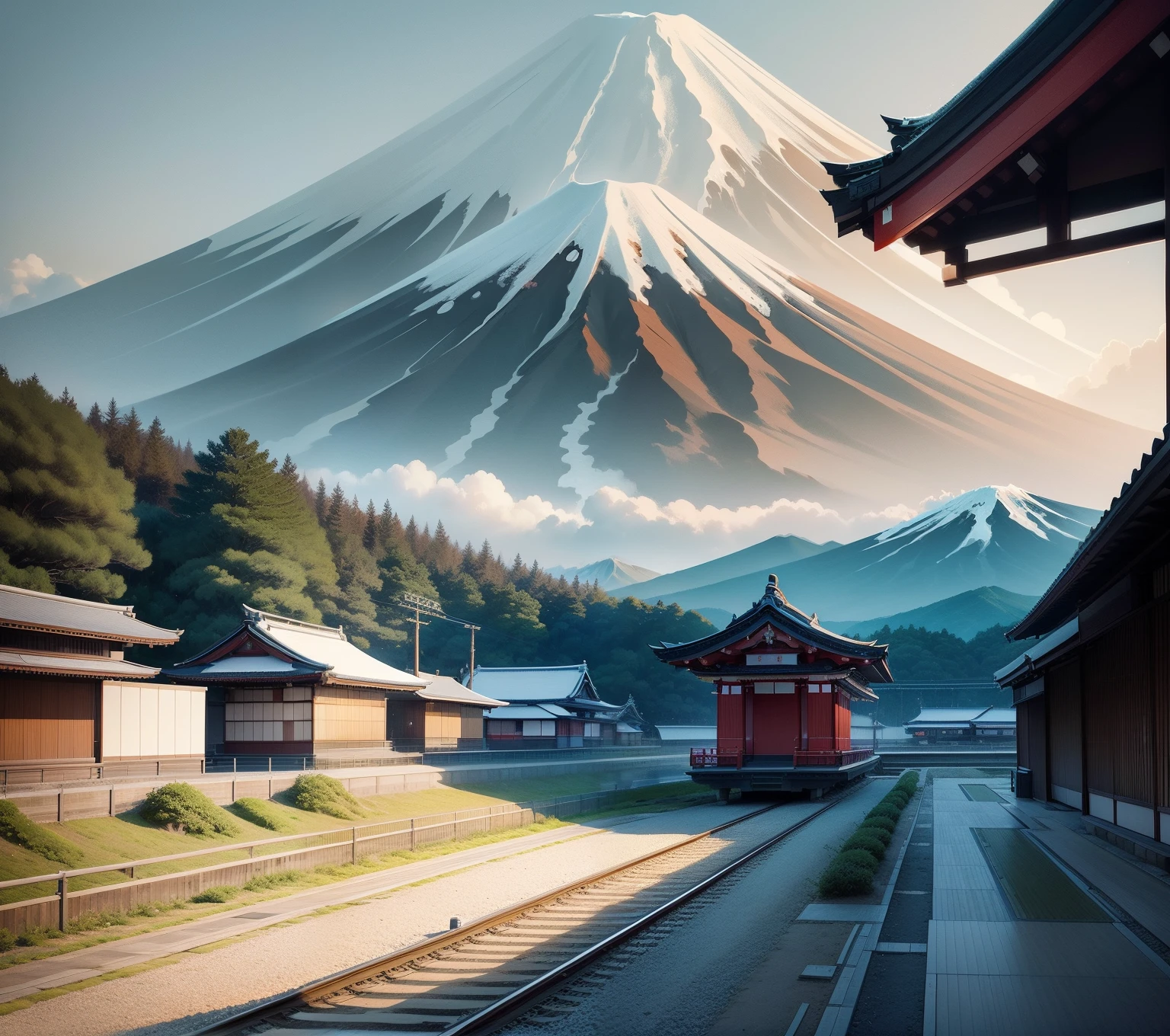 Japanese cherry blossoms，Mt fuji，Shinkansen train at the shrine，Japanese architecture on one side，brightly，illustration，White train，The bullet train protrudes，Japanese simplified illustration architecture，illustration，White train on tracks