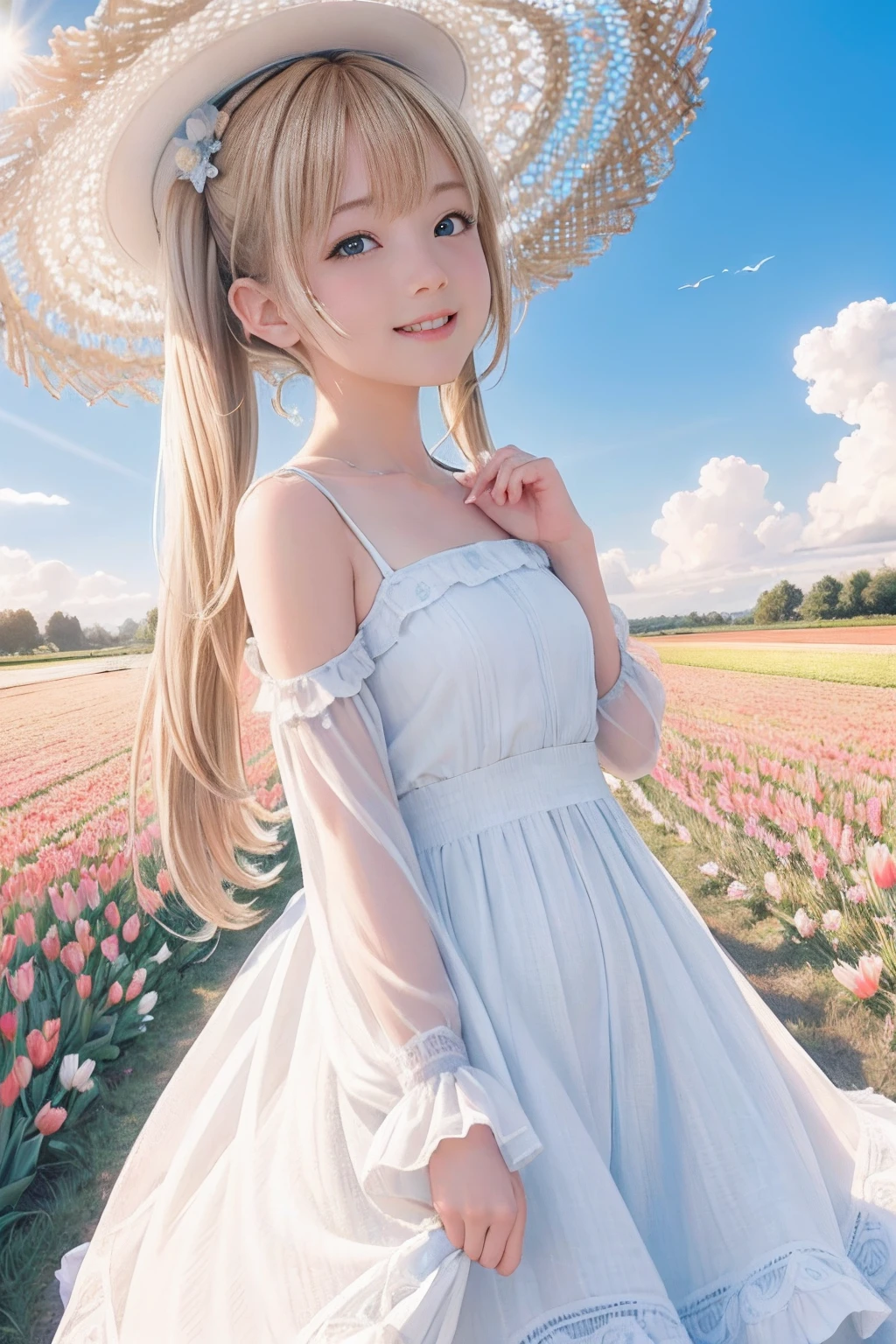 (8k, RAW photo, realistic, photo-realistic:1.5), masterpiece, best quality, high resolution, extremely detailed, detailed background, cinematic lighting, dynamic angle, lens flare, dramatic, 1girl, cute girl, solo, wind, pale-blonde hair, blue eyes, very long twintails, white hat, blue sky, laugh, flying petal, flowery field, sky, tulip, sun, field, fractal art,