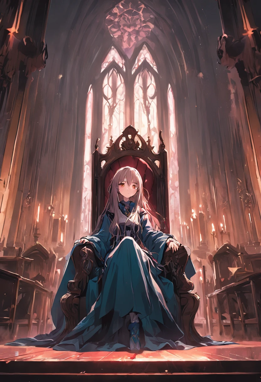 A long-haired woman sitting in a high-winged chair,Wear velvet dressing gowns,In the Gothic library,Under the gloomy and dramatic light,Classic color palette,Ultra detailed,A masterpiece like a fine art painting,Evocative,Beautifully designed,Clear lines,High sharpness,Best quality,The is very detailed,Cinematic lighting effects,4K。