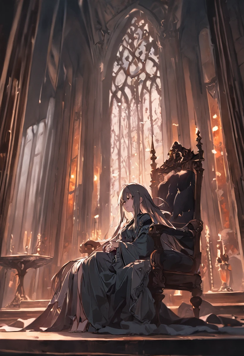A long-haired woman sitting in a high-winged chair，Wear velvet dressing gowns，In the Gothic library，Under the gloomy and dramatic light，Classic color palette，Ultra detailed，A masterpiece like a fine art painting，Evocative，Beautifully designed，Clear lines，High sharpness，Best quality，The is very detailed，Cinematic lighting effects，4K。