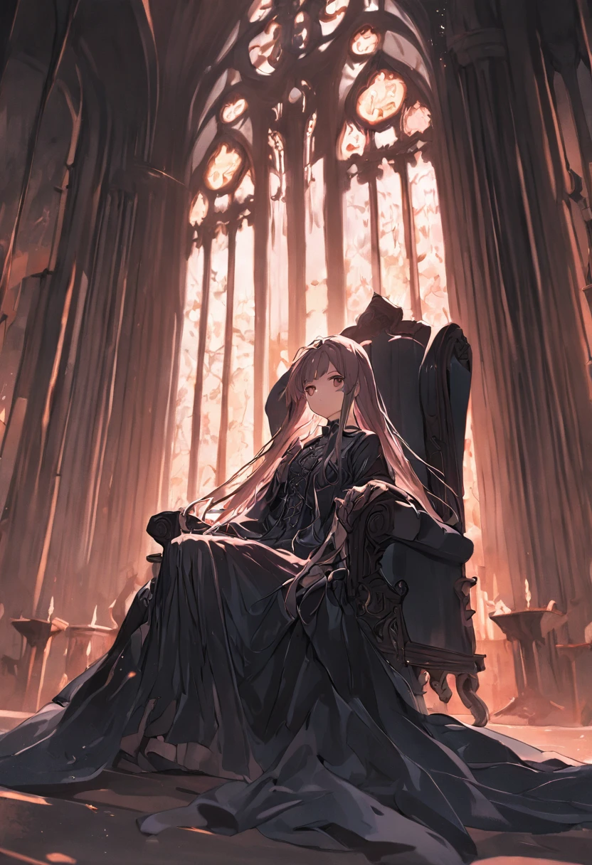 A long-haired woman sitting in a high-winged chair,Wear velvet dressing gowns,In the Gothic library,Under the gloomy and dramatic light,Classic color palette,Ultra detailed,A masterpiece like a fine art painting,Evocative,Beautifully designed,Clear lines,High sharpness,Best quality,The is very detailed,Cinematic lighting effects,4K。