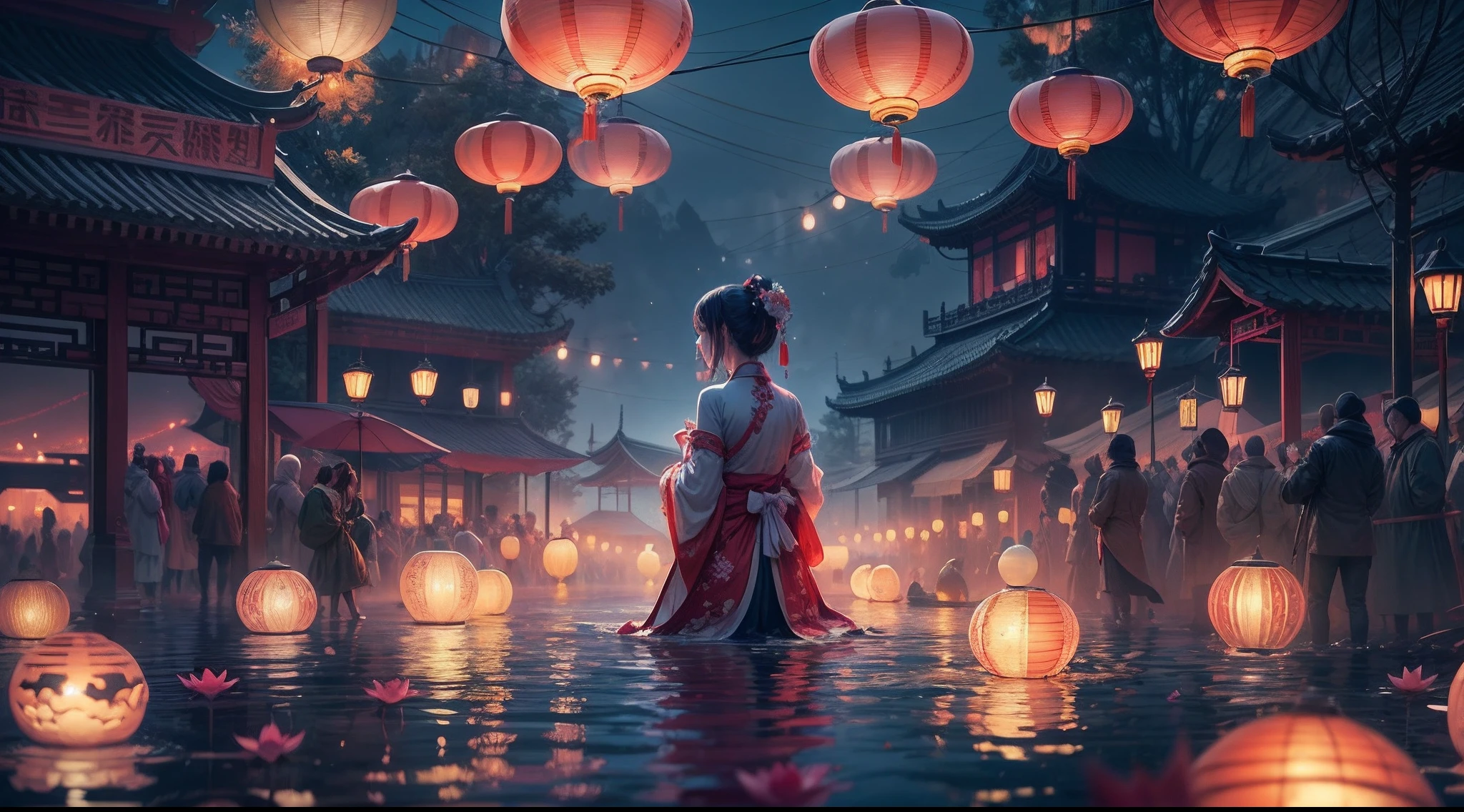 Masterpiece, otherworldly beauty, Surreal, Chinese Ghost Festival，Middle Metaverse，Riverside at dawn，A girl puts a river lamp by the river，Lanterns in the shape of lotus flowers float on the water，Worship the souls of the dead, The mysterious aura of ghosts, 8K high resolution, smooth, Sharp focus, illustration, 64k, Ultra detailed, ultra-precise detail, bokeh lighting, Intricate, Epic