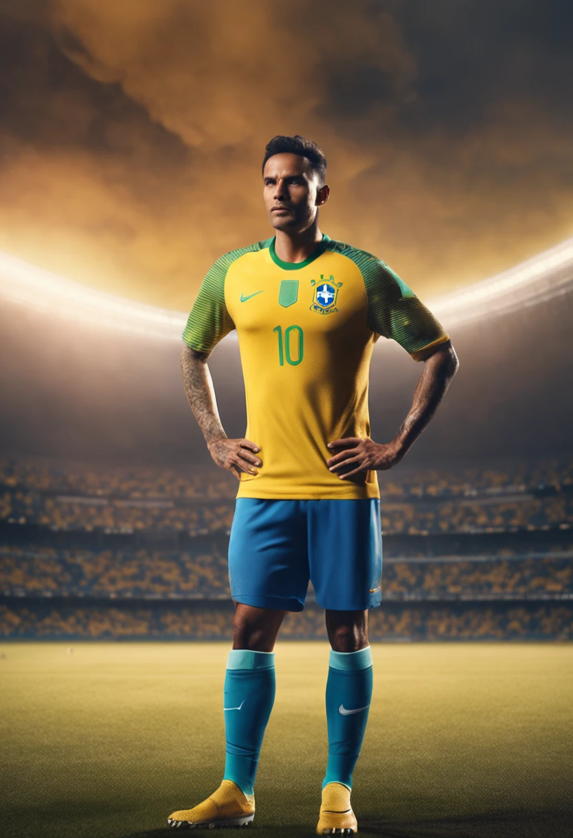 a soccer player with the shirt of the Brazilian national team in a match on Planet Mars, Realistic cinematic 4K