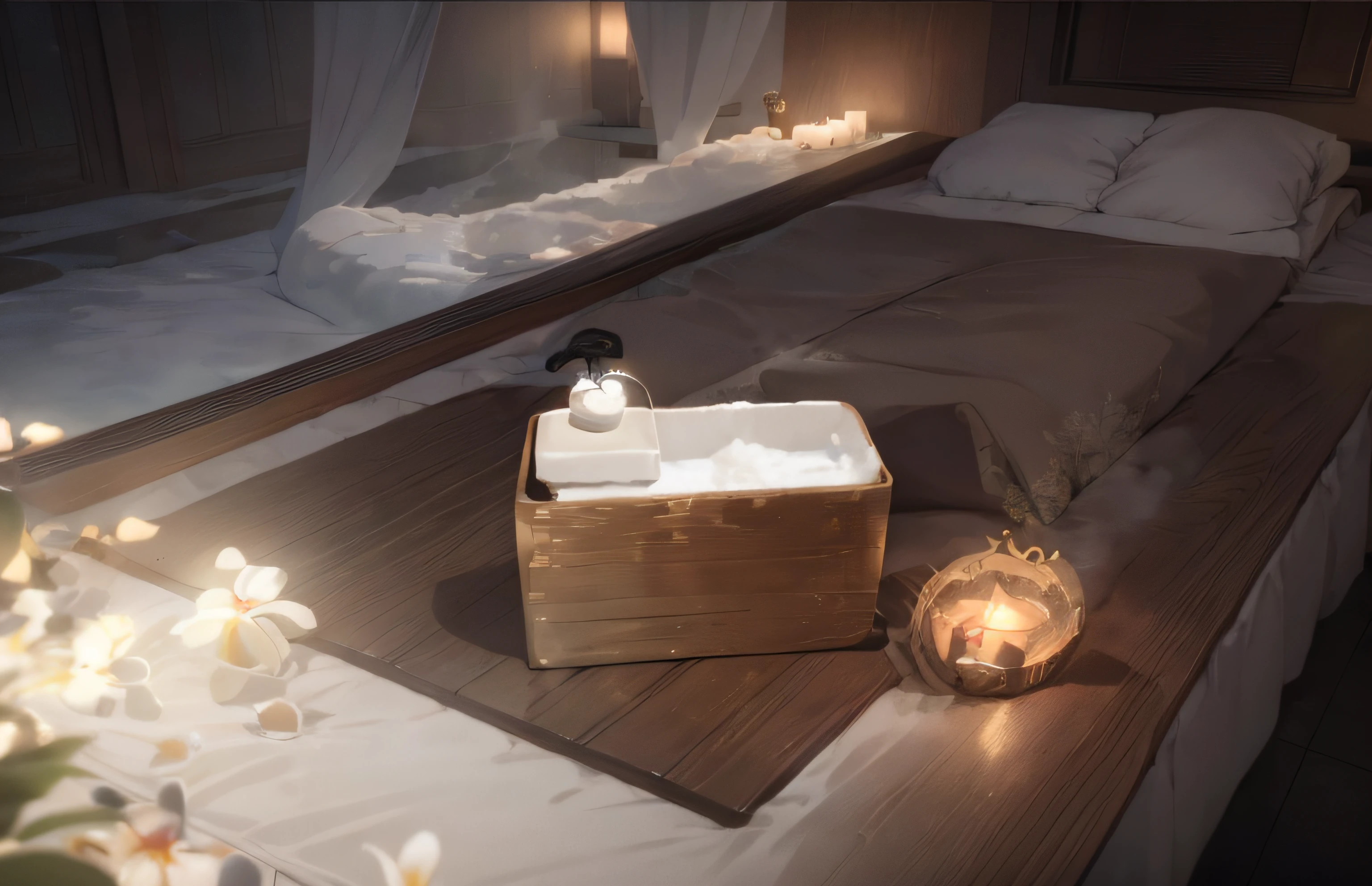 There is a towel and soap dispenser on the bed, paradise garden massage, spa, Spa&Meditation Center, A luxurious setting, indoor setting, Relaxing, Relaxing environment, comfortable atmosphere, elegent, Sensual milf, Romantic environment, Soft warm light, relaxed mood, krystal, Pose 1 of 1 6, relax vibe, ❤🔥🍄🌪