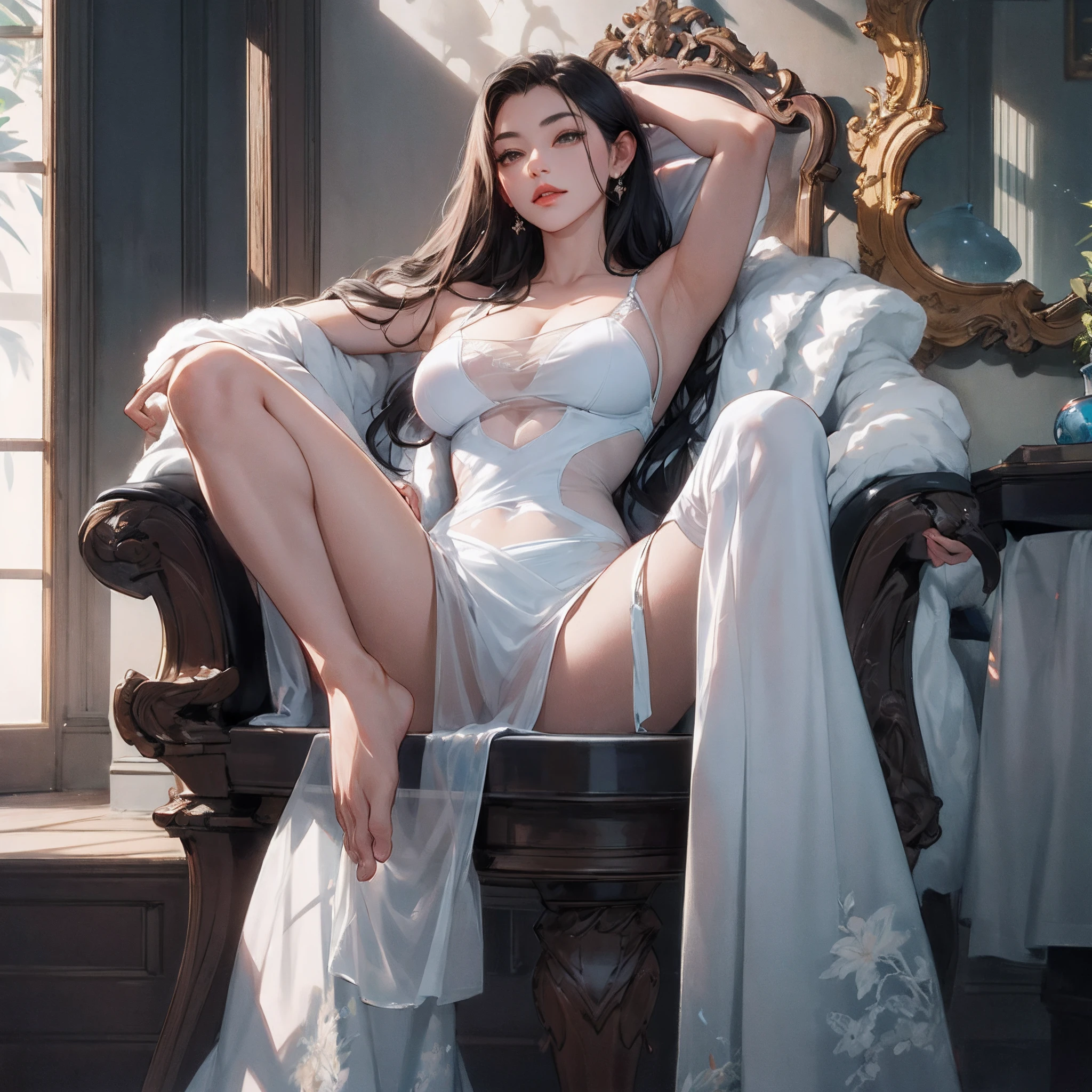 (1girl in:1.3)、Photos realistic、Photorealsitic:1.4 Official art、ultra - detailed、Beautiful and aesthetic、Beautiful fece、tmasterpiece、top-quality、sitted、Spread your legs、hand behind head、 Colossal tits、nedium breasts、Spread fingers、no brassiere、no pant、ssee-through, M-shaped legs,