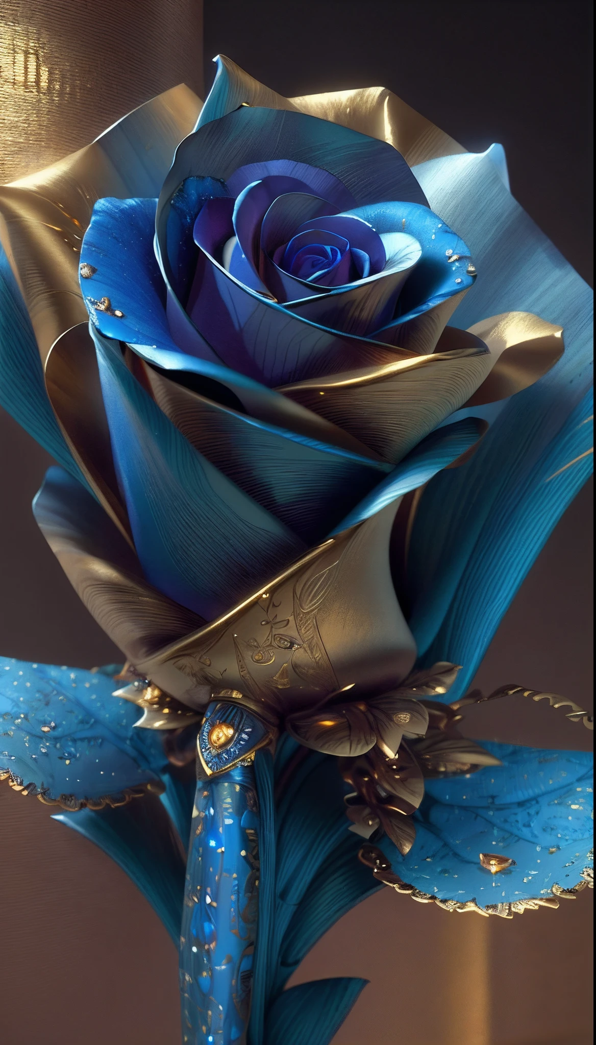 There are blue roses with gold leaf and diamonds, Blue roses rendering, Blue Rose, golden and blue, art nouveau octane render, created in octane render, rendered in keyshot, rendered in v-ray, 8k high quality detailed art, highly detailed textured 8 k, highly detailed textured 8k, Rendered by Maya and Houdini