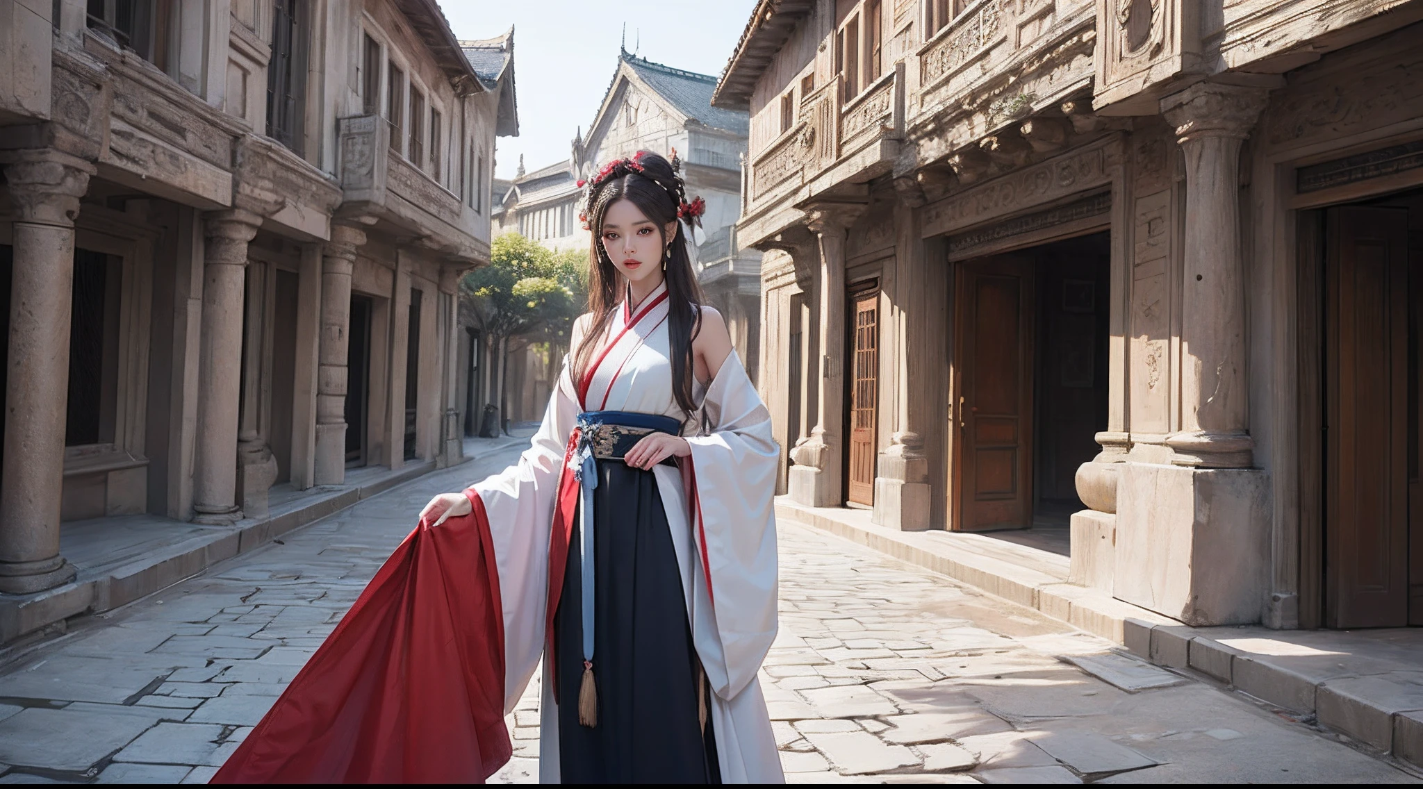 8k,tmasterpiece,Best quality super fine
Photo realism,Ancient Style Girl,Ball head,Hanfu,Bust photo,photographrealistic,Gorgeously dressed,Antique architecture,long whitr hair
