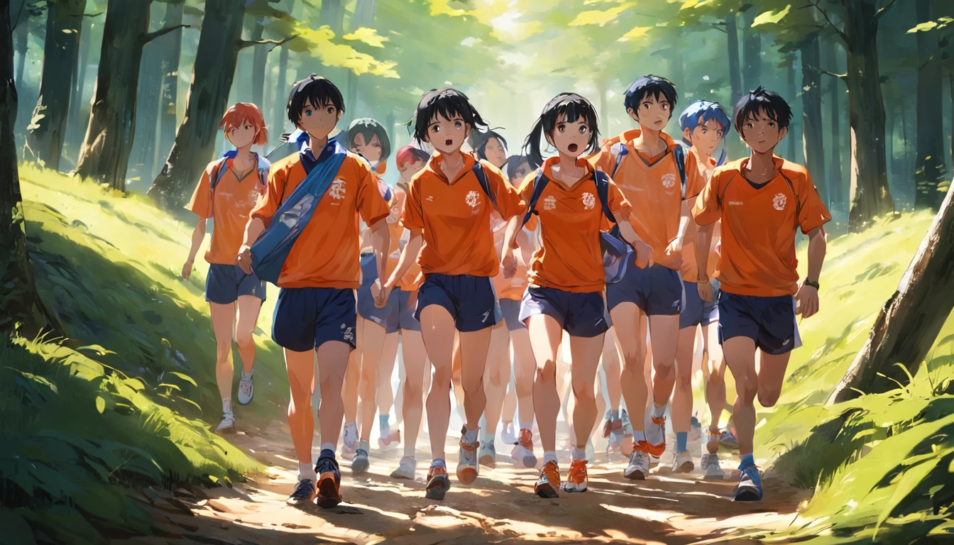 Fujifilm in the primetime Velvia 50 film，A group of Chinese college student orienteering athletes wearing orange branded clothing and sportswear, Eager to start challenging orienteering. The wide angle includes the entire group, Show their determination and camaraderie. The runner's muscles tense in anticipation, Their expressions were full of excitement and concentration. Each person's unique personality shines through, Highlight diversity within the Group. The warm colors of the primetime lights add a touch of magic to the scene, Cast a long shadow on the ground，creating a sense of movement，As if time itself is in motion.Sense of forest atmosphere