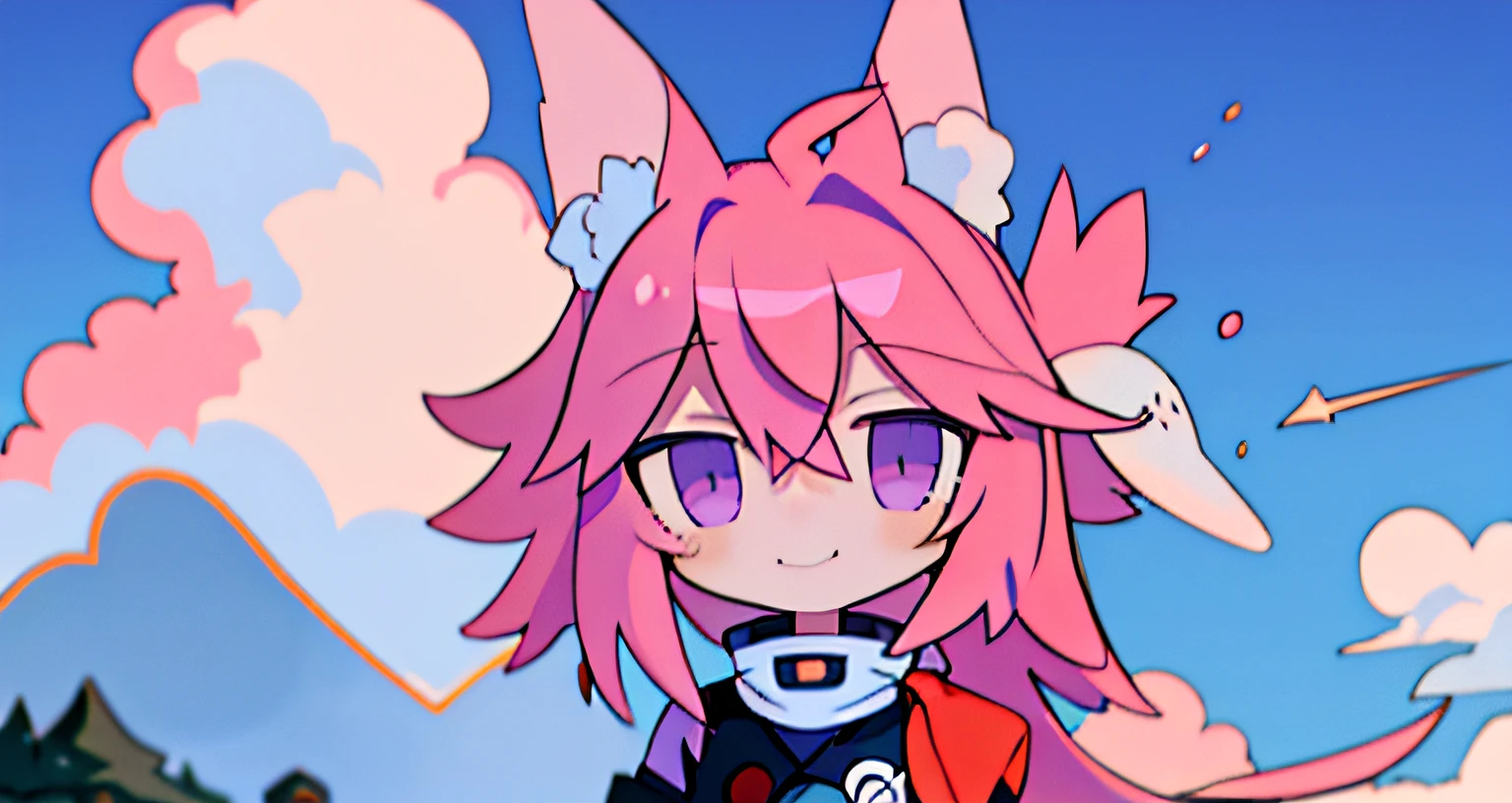 Smile, sky, Hair blowing, Yae Miko \(Genshin Impact\), Pink hair, Yae Miko, view the viewer, Blue hair, Upper body, Detailed eyes, Anime screencap, ufotable style, Purple eyes, Kitsune, Beautiful purple eyes, Shrine, Bare shoulders,