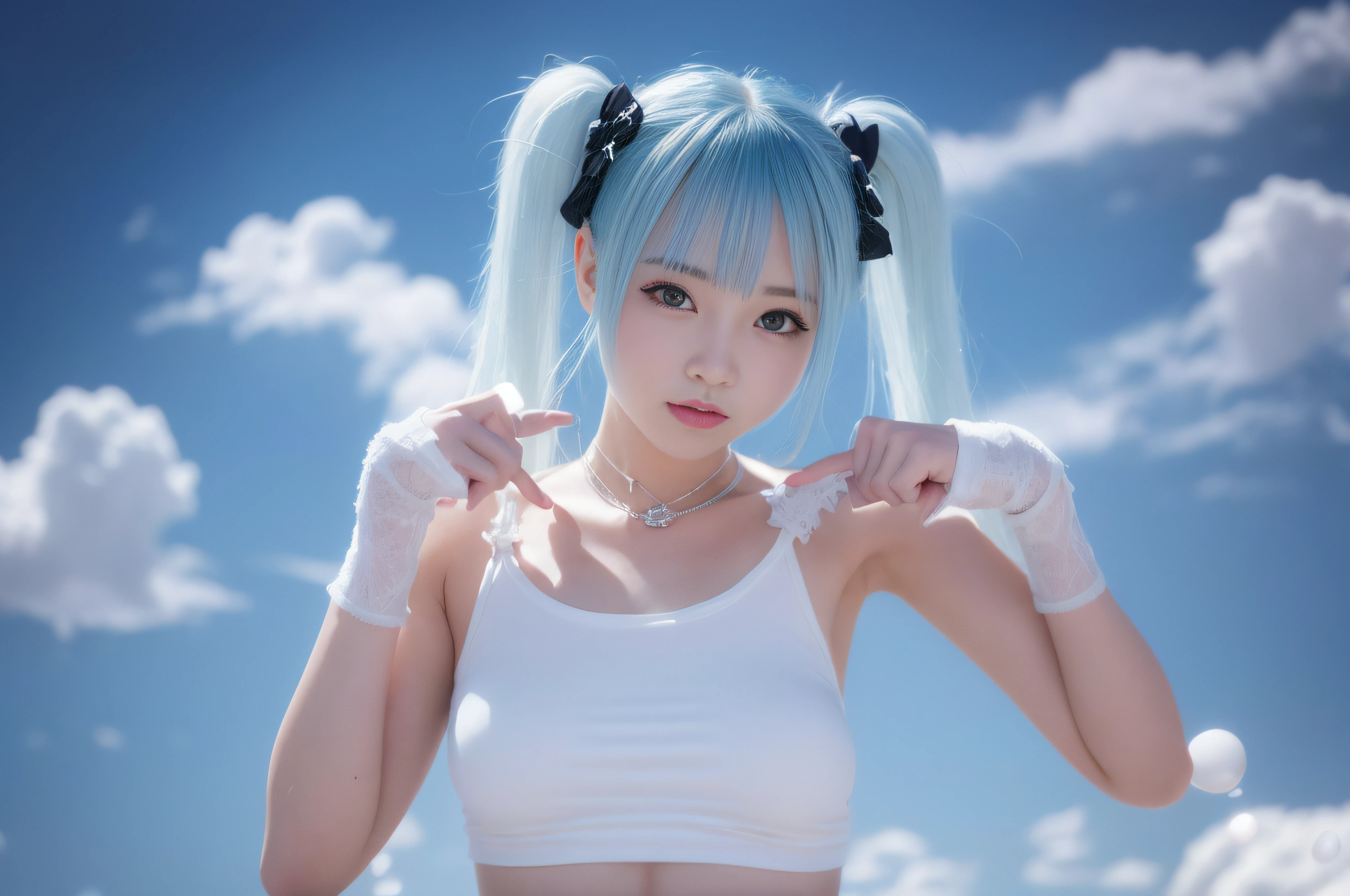 there is a woman with blue hair posing for a picture, kawaii playful pose of a dancer, twintails white_gloves, shikamimi, white bangs, white hair floating in air, icey, taken with canon eos 5 d mark iv, white hime cut hairstyle, hair whitebangs hair, photo from a promo shoot, taken with canon eos 5 d