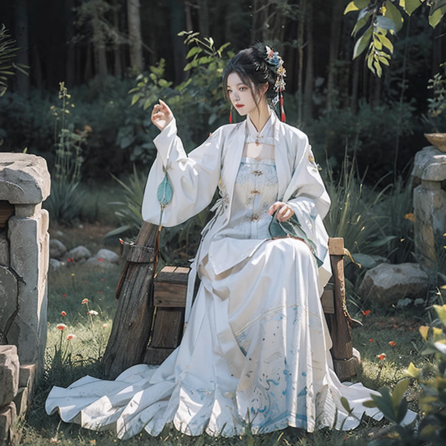 Close-up of a woman in a white dress,a character portrait by Yang J,The popularity of CGsociety,Fantasyart,Beautiful character painting,Guviz-style artwork,Guvitz,White Hanfu,Flowing white robe,full-body wuxia,epic exquisite character art,Stunning character art,beautiful female assassin,Bigchest,cleavage,