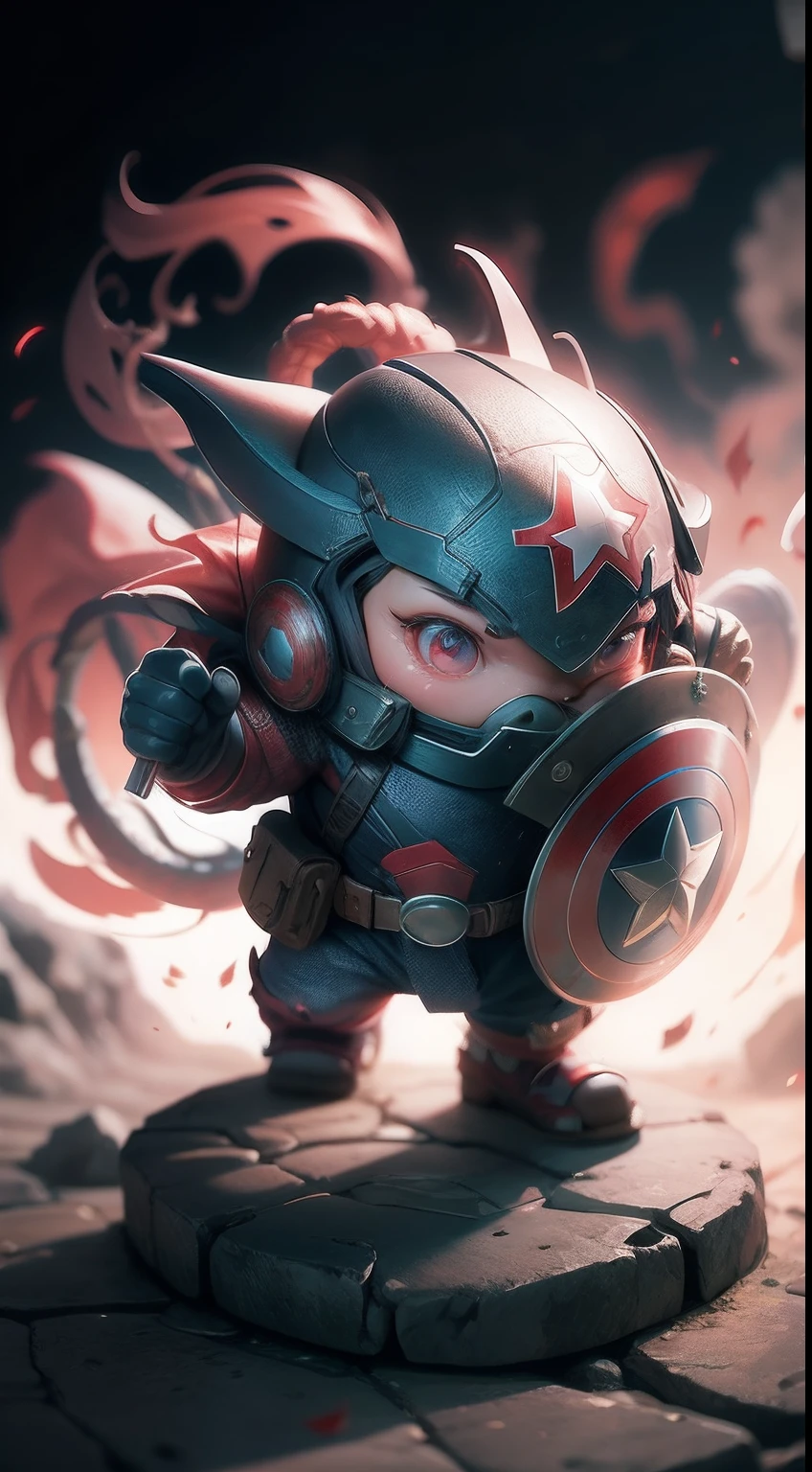 Isometric view of Captain America , Cute surreal carrying dragon warrior flag. Wear a Chinese rice hat. Red skin. Cinematic, ultra - detailed, Red and white thunder background , Highly detailed, zoomout,
